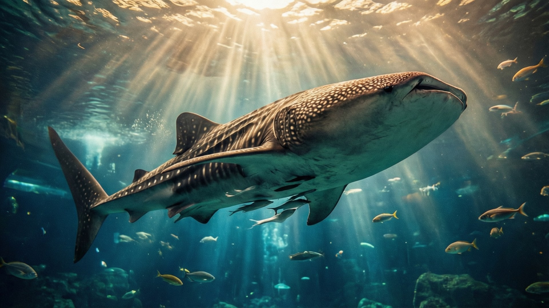 whale shark, turquoise waters, golden light, Full HD Desktop Wallpaper