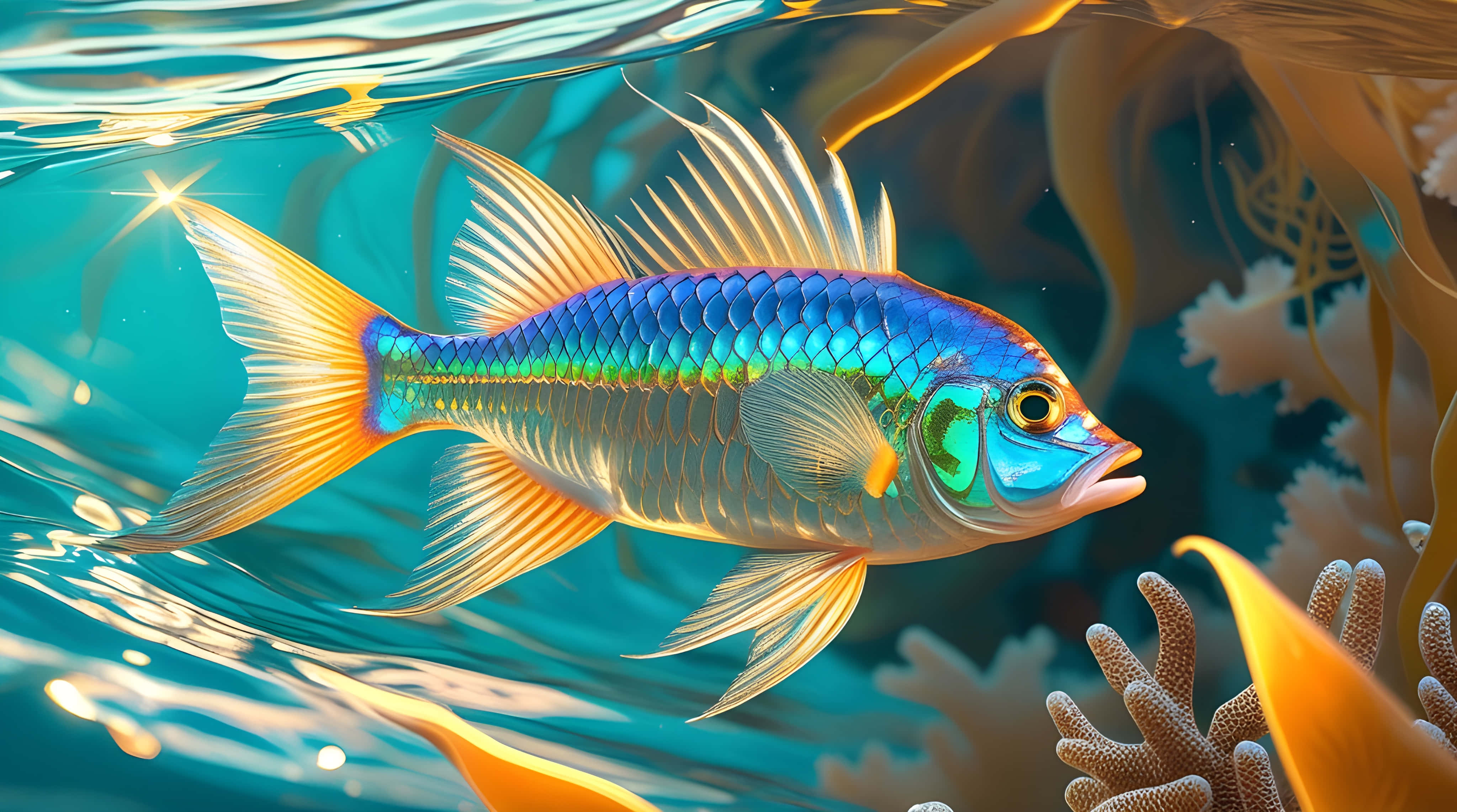 iridescent fish, blue green and gold scales, sunlit turquoise water, 4K Desktop Wallpaper