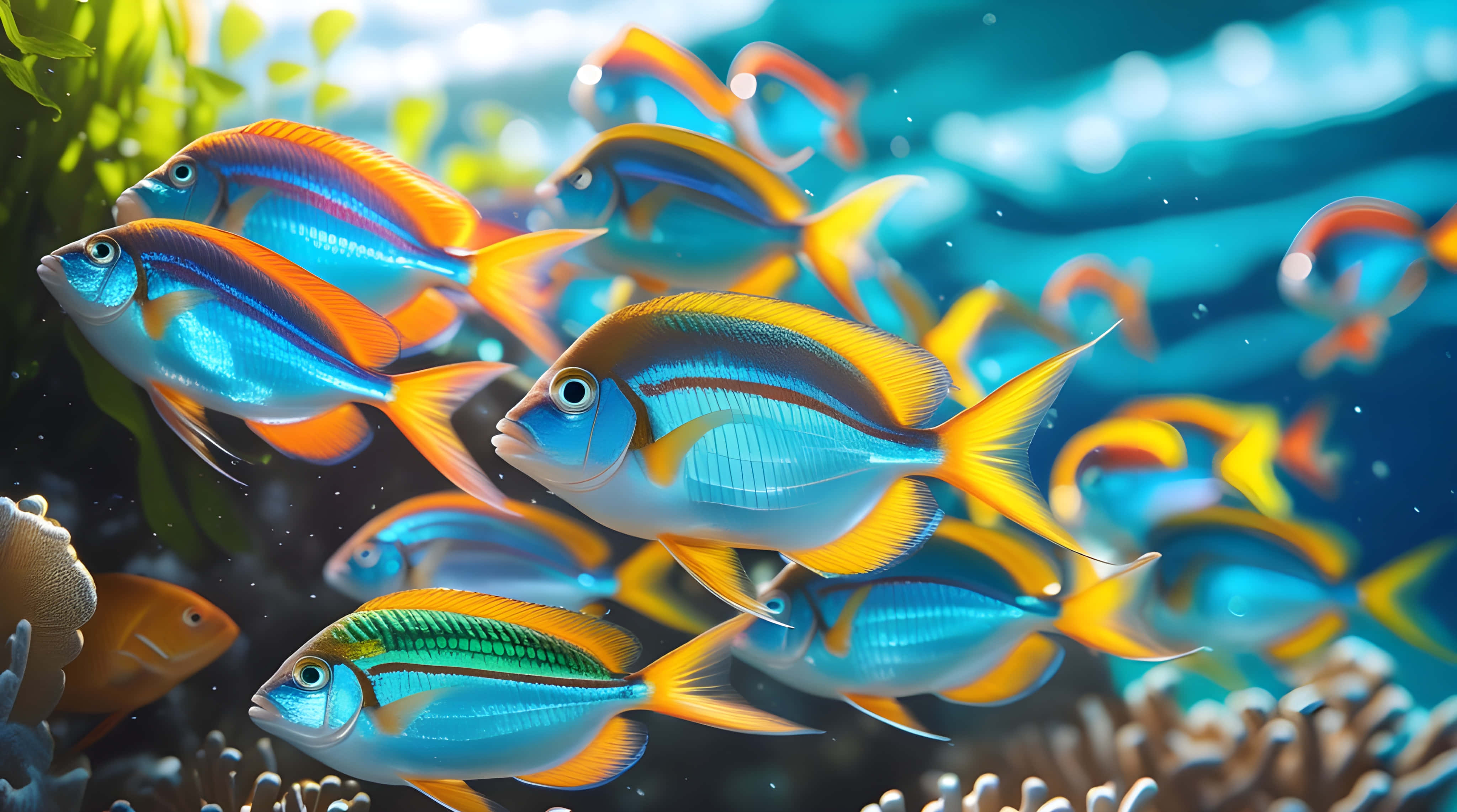 tropical fish, coral reef, sunlit, 4K Desktop Wallpaper