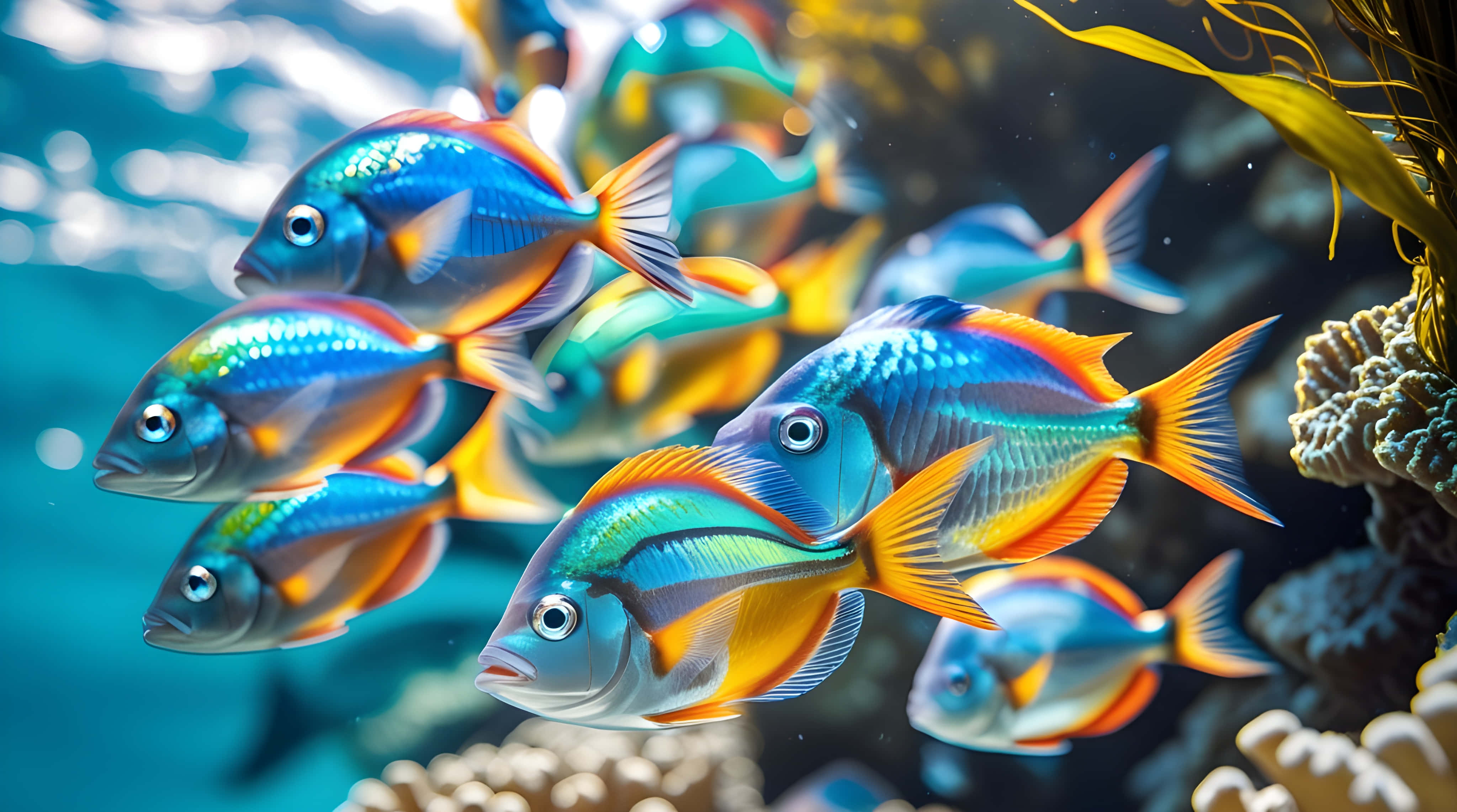 vibrant iridescent fish, sunlit coral reef, golden seaweed, 4K Desktop Wallpaper