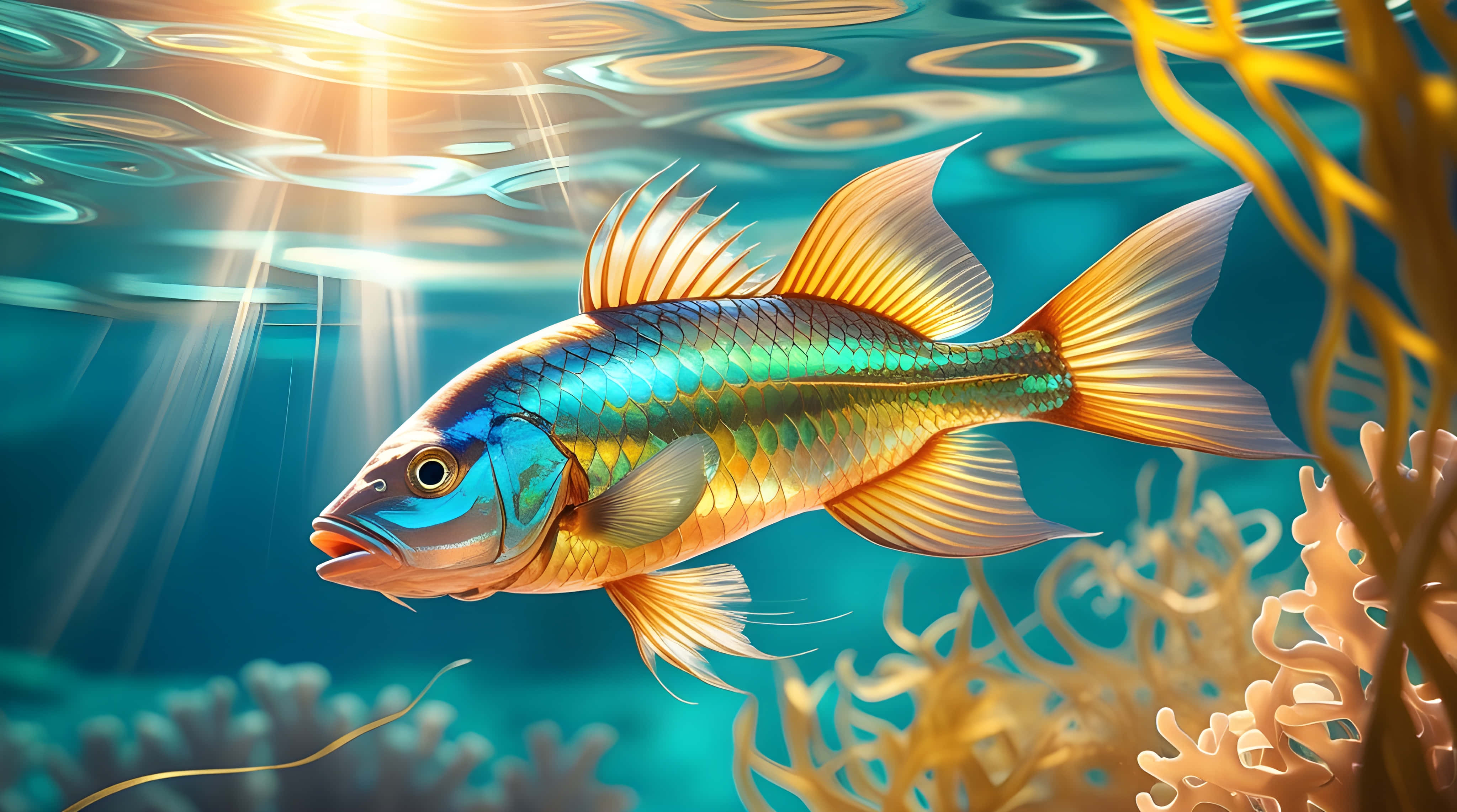 iridescent fish, sunlit turquoise waters, golden coral formations, 4K Desktop Wallpaper