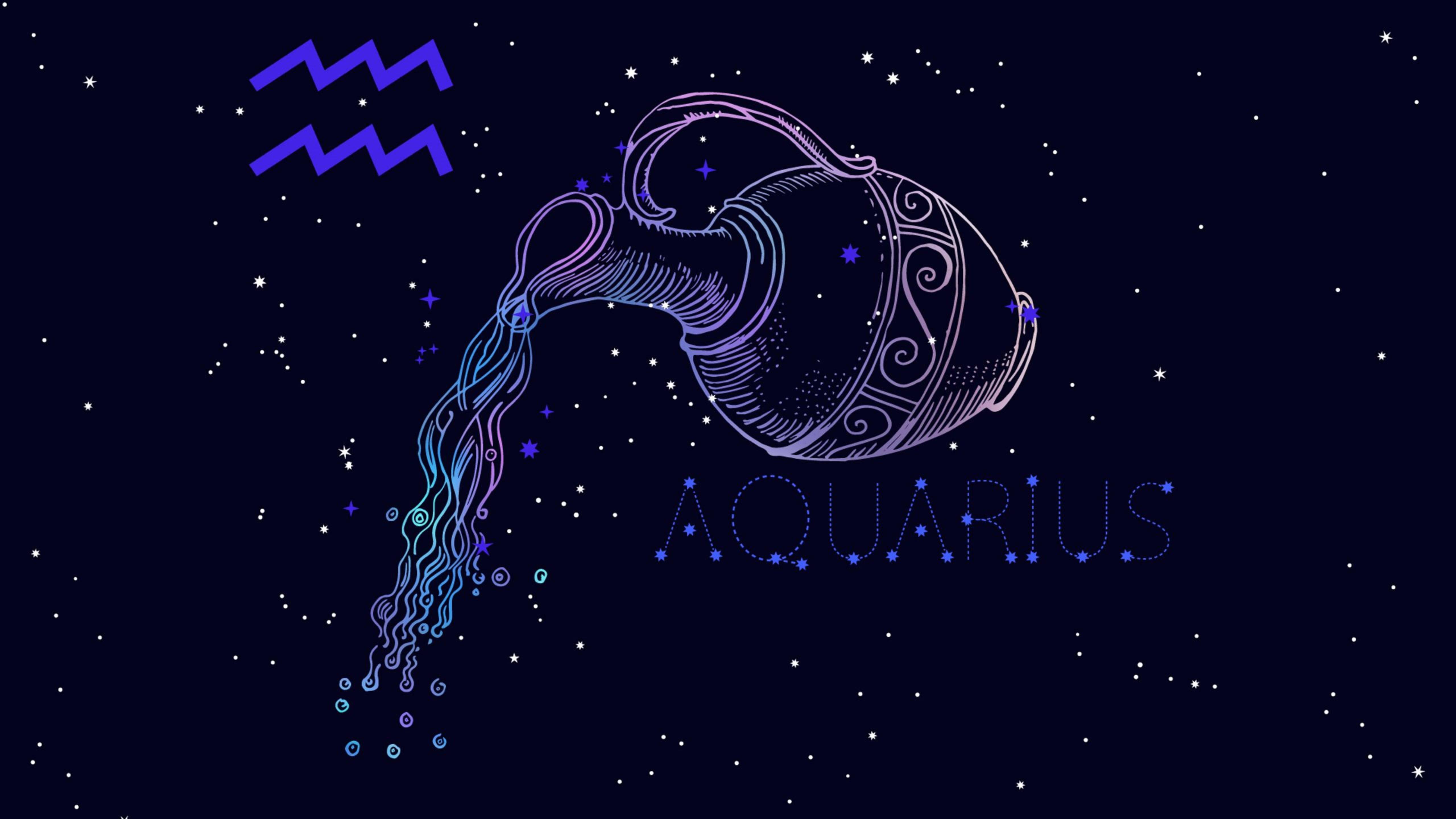 Aquarius, glowing purple water pitcher constellation, liquid stars, 5K Desktop Wallpaper