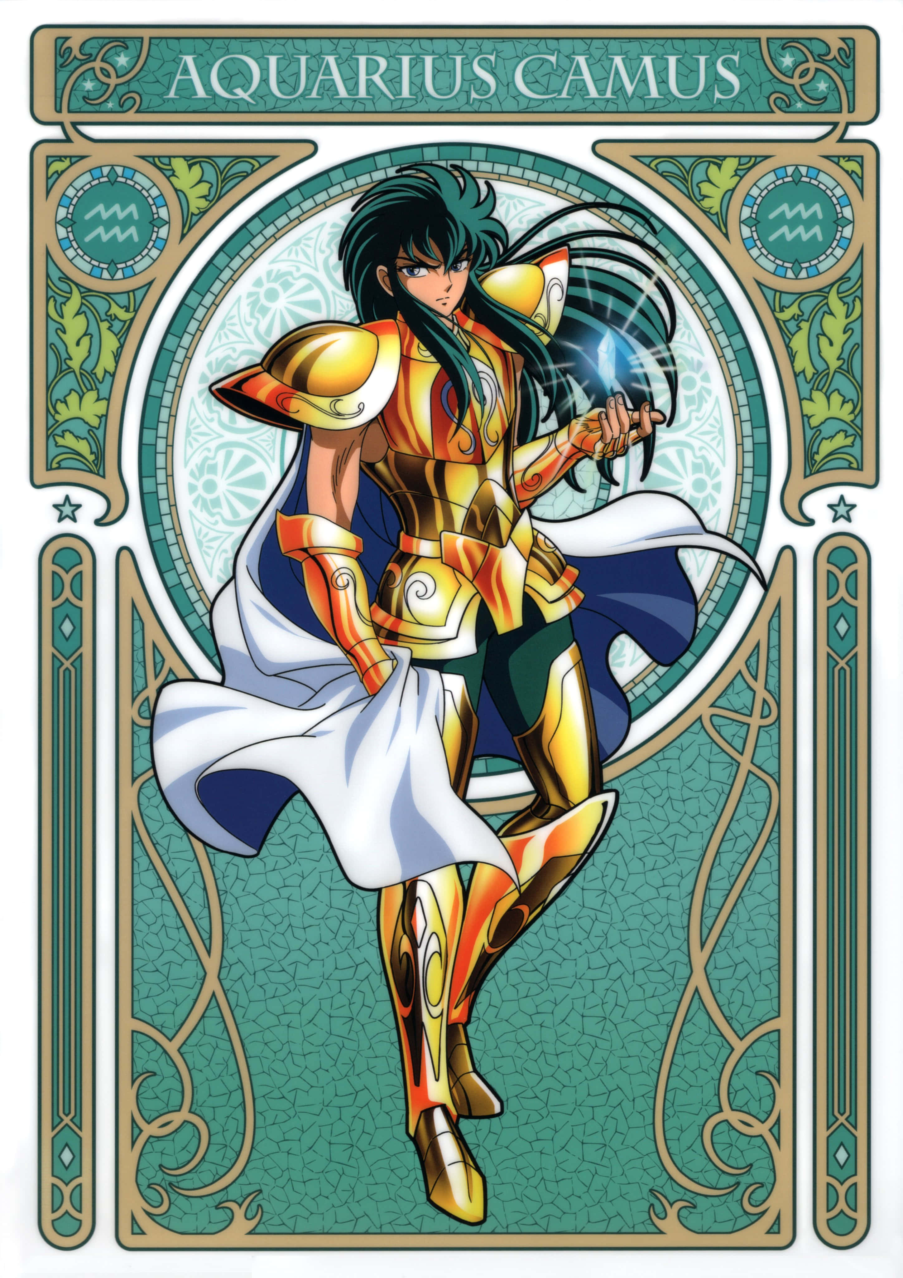 Aquarius Camus, golden-armored anime warrior, long dark hair, 4K Phone Wallpaper