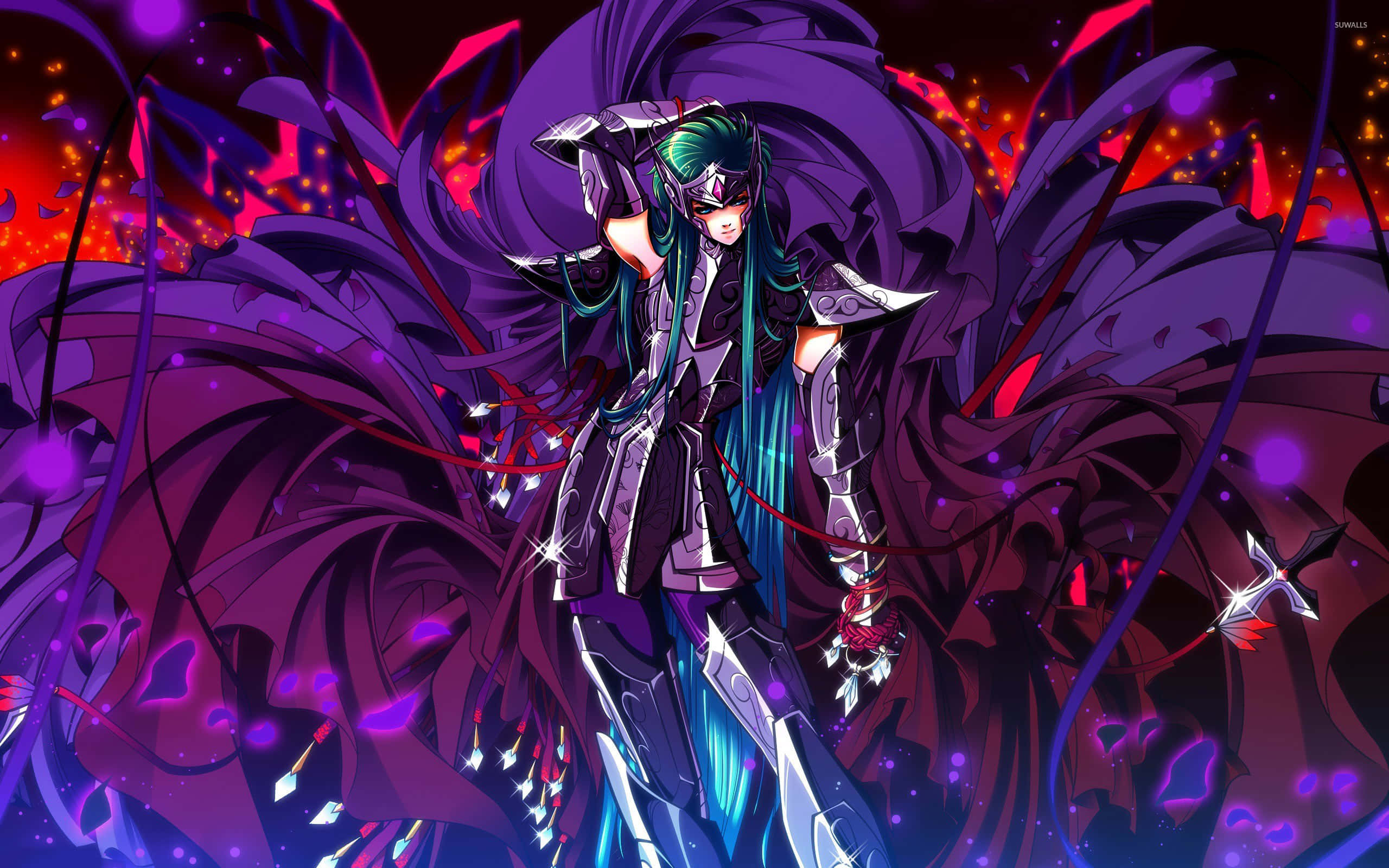 Aquarius Camus, silver armor, swirling purple energy, 2K Desktop Wallpaper