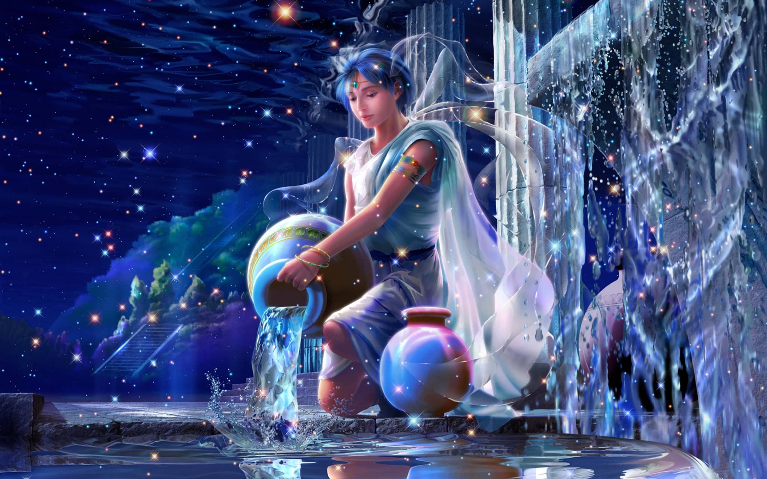 Aquarius, zodiac artwork, starry night sky, 2K Desktop Wallpaper