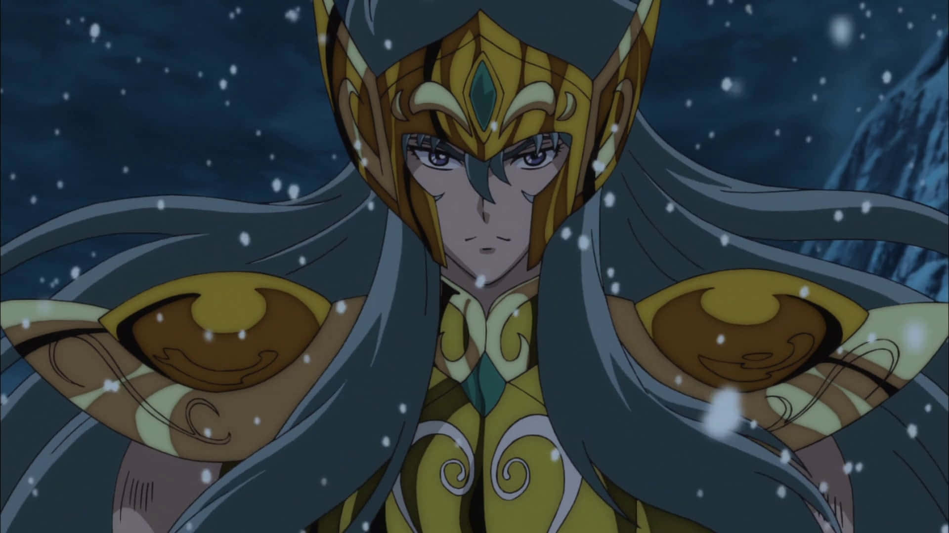 Aquarius Camus, golden armor, snowy night sky, Full HD Desktop Wallpaper