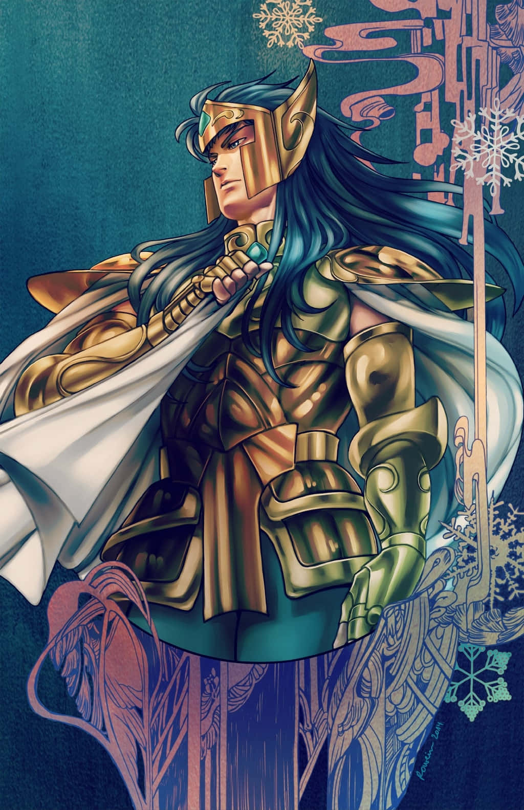 Aquarius Camus, blue hair, golden armor, HD Phone Wallpaper
