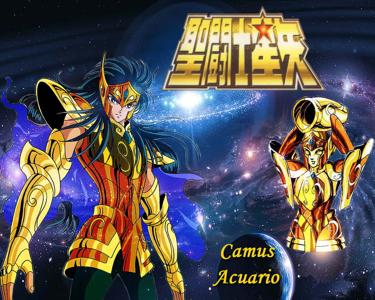 Aquarius Camus, shining golden armor, cosmic backdrop, HD Desktop Wallpaper