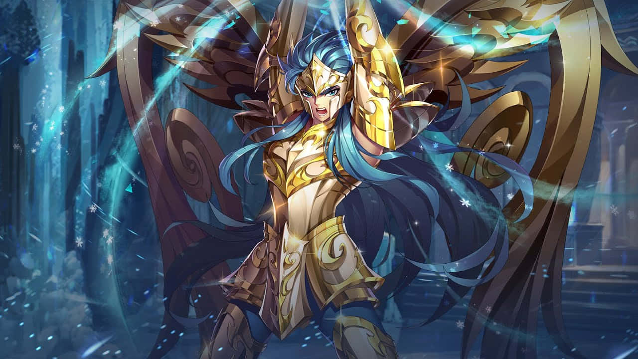 Aquarius Camus, golden armor, blue hair, HD Desktop Wallpaper