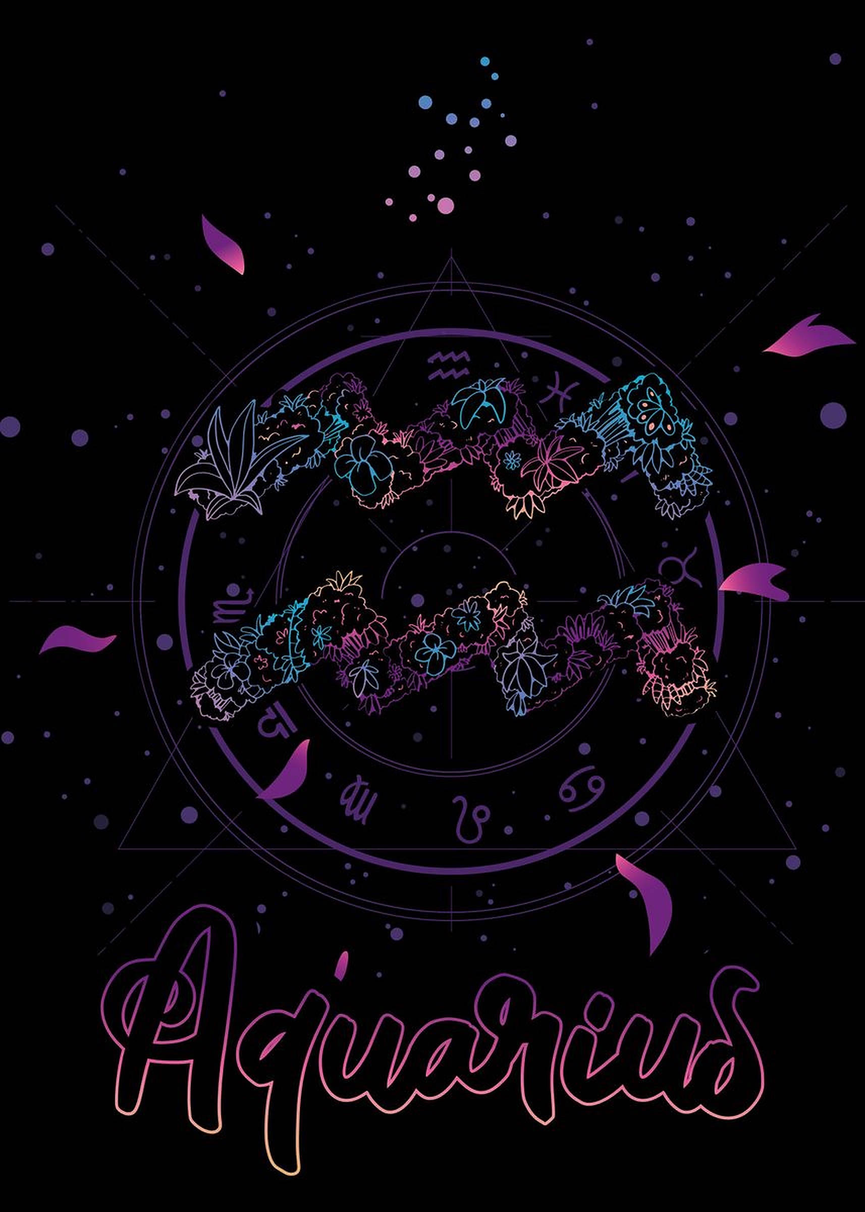 Aquarius Zodiac, neon, floral patterns, Full HD Phone Wallpaper