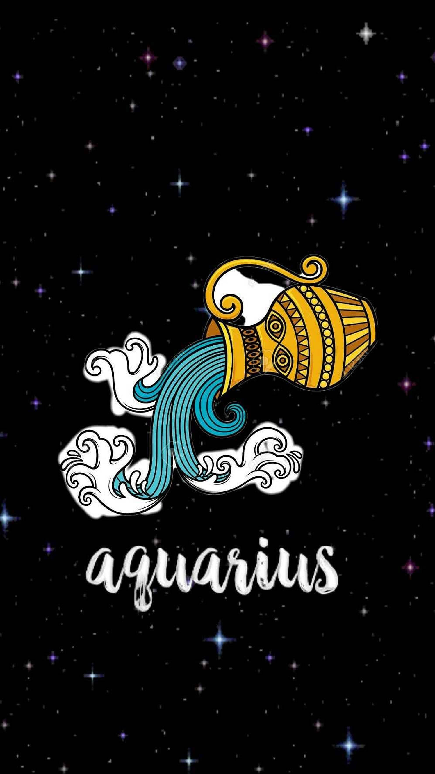 Aquarius Zodiac, golden water pitcher, vibrant blue waves, 2K Phone Wallpaper