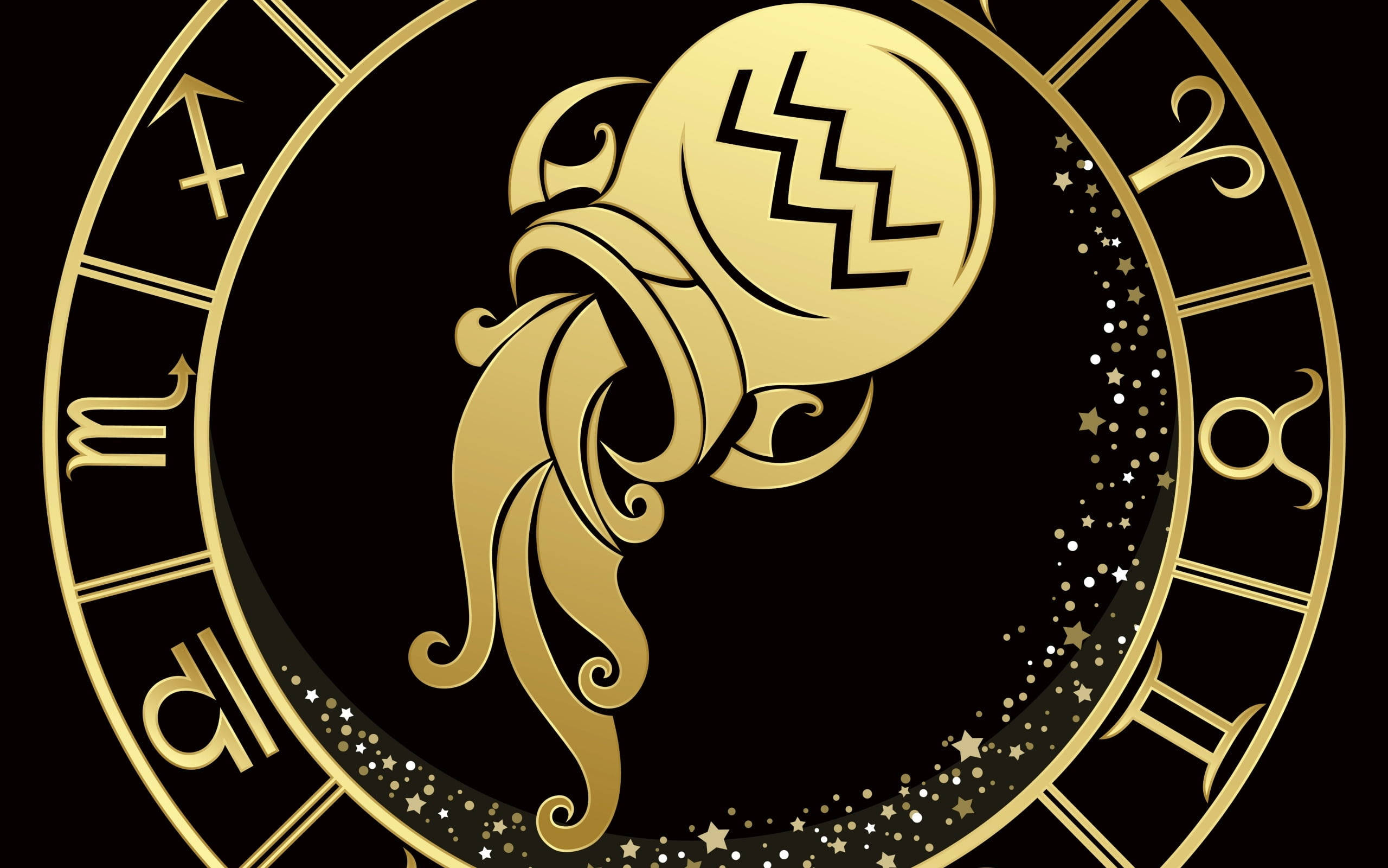 Aquarius, gold, black background, 2K Desktop Wallpaper