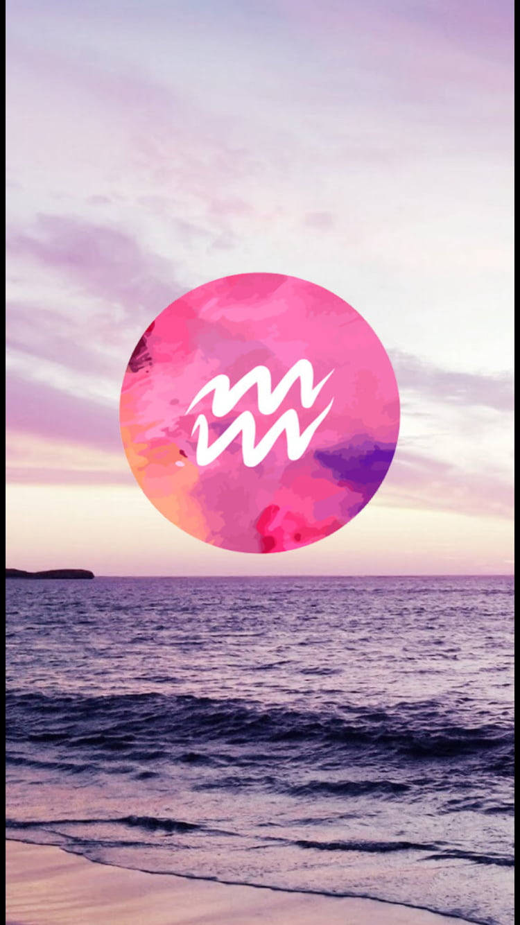 Aquarius, pink watercolor circle, white wave symbol, HD Phone Wallpaper