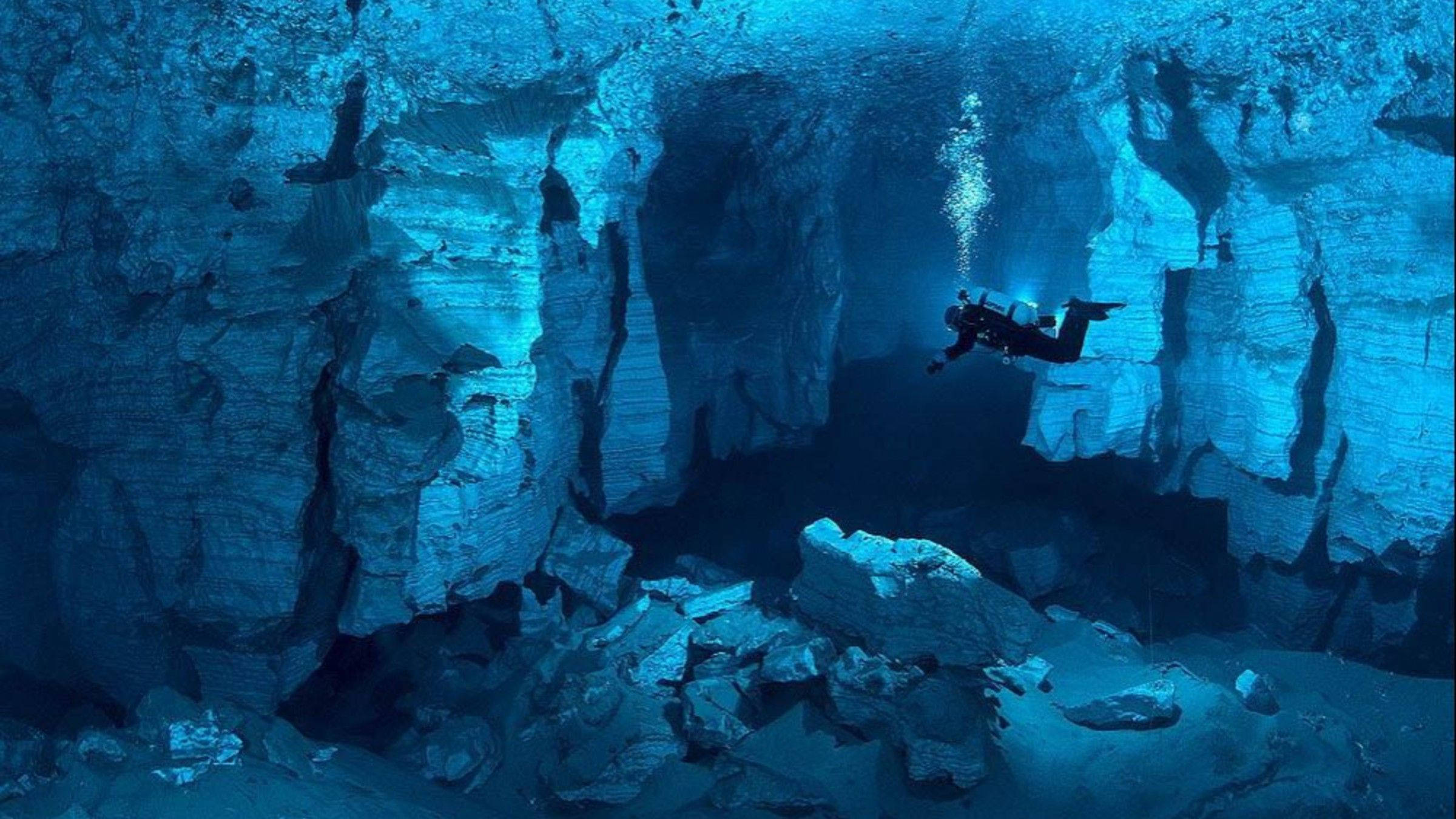 Aquatic, underwater cave, scuba diver, Full HD Desktop Wallpaper