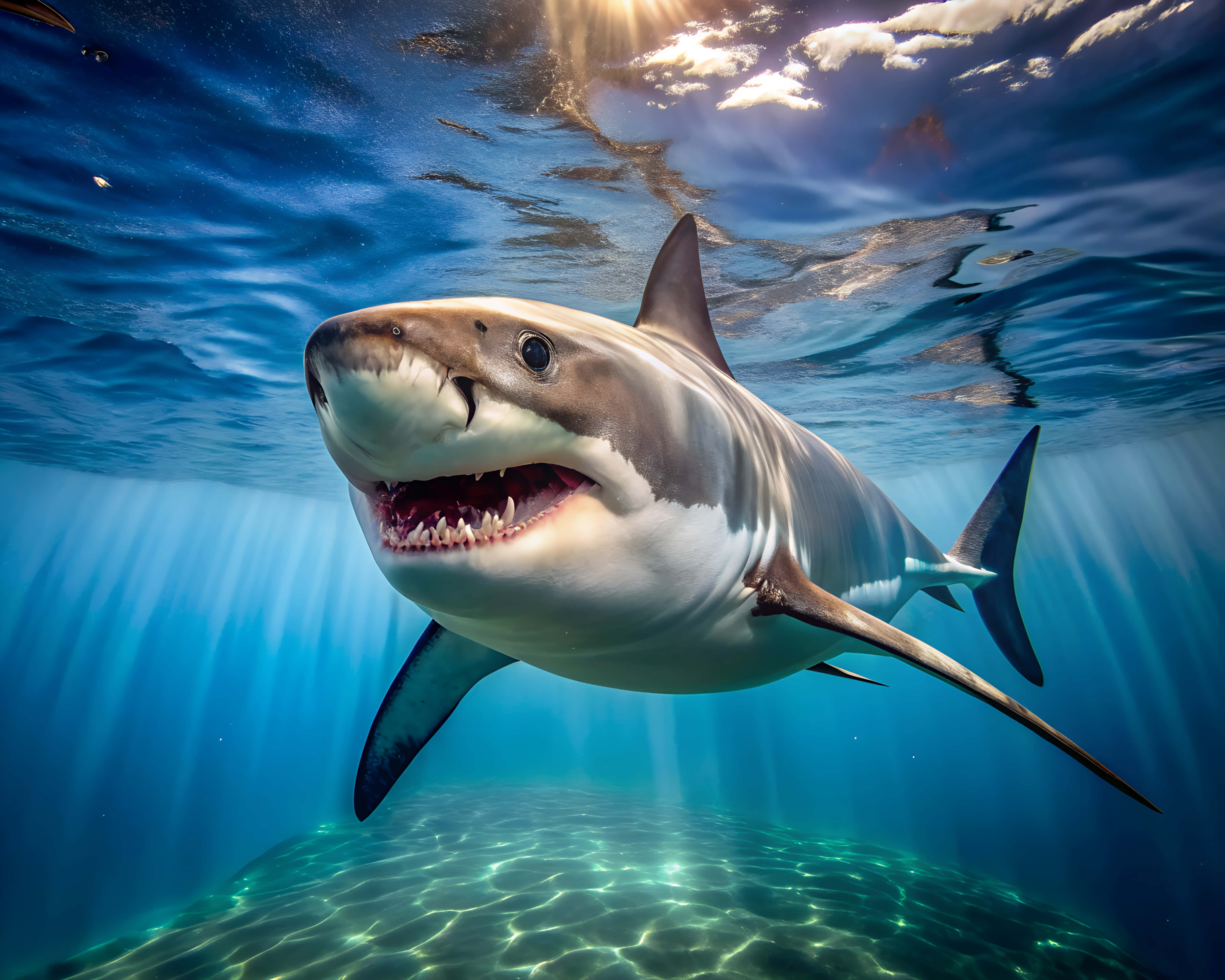 great white shark, ocean floor, sunlight filtering through the ocean surface, 4K Desktop Wallpaper
