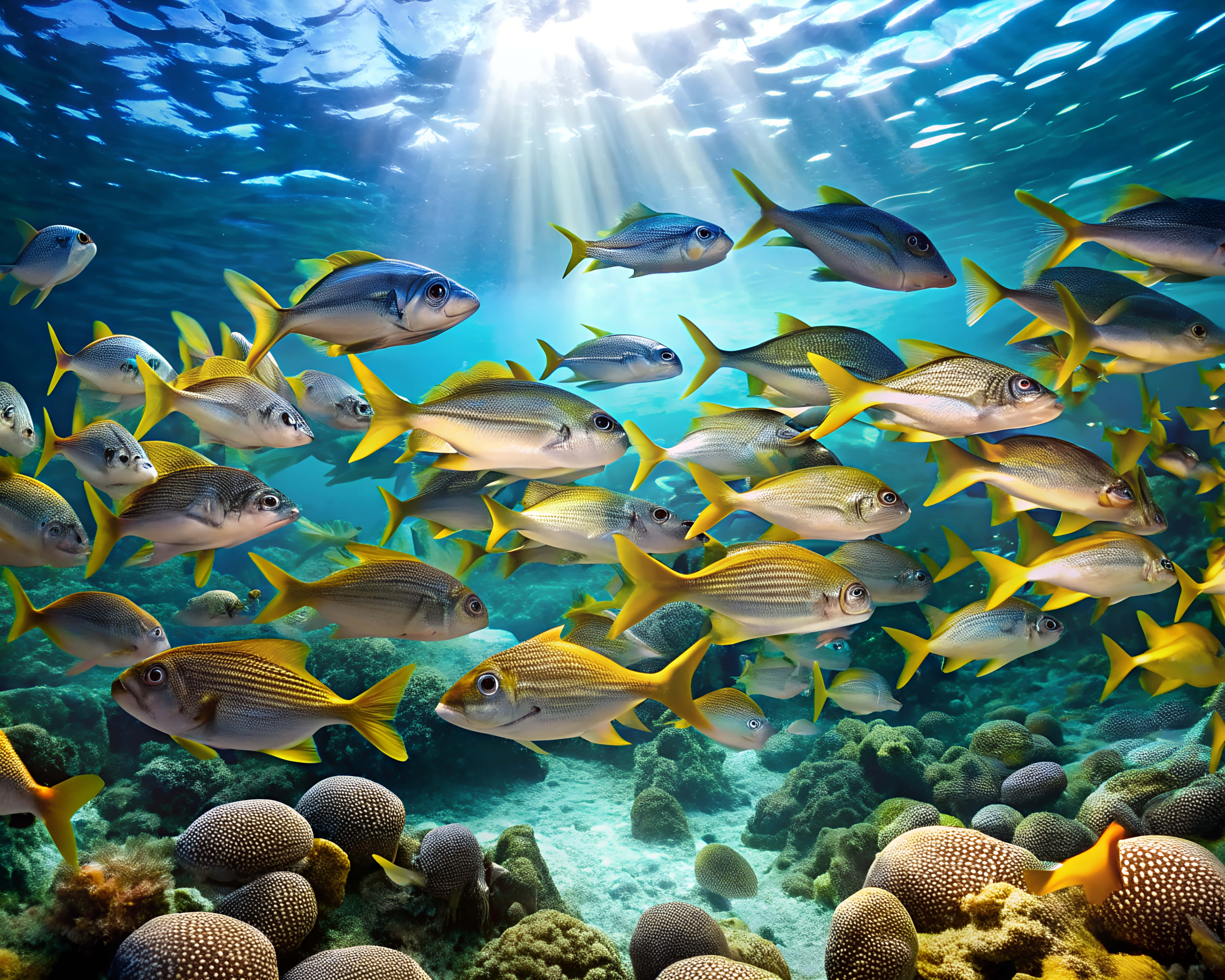 underwater landscape, turquoise water, sunlight beams, 4K Desktop Wallpaper
