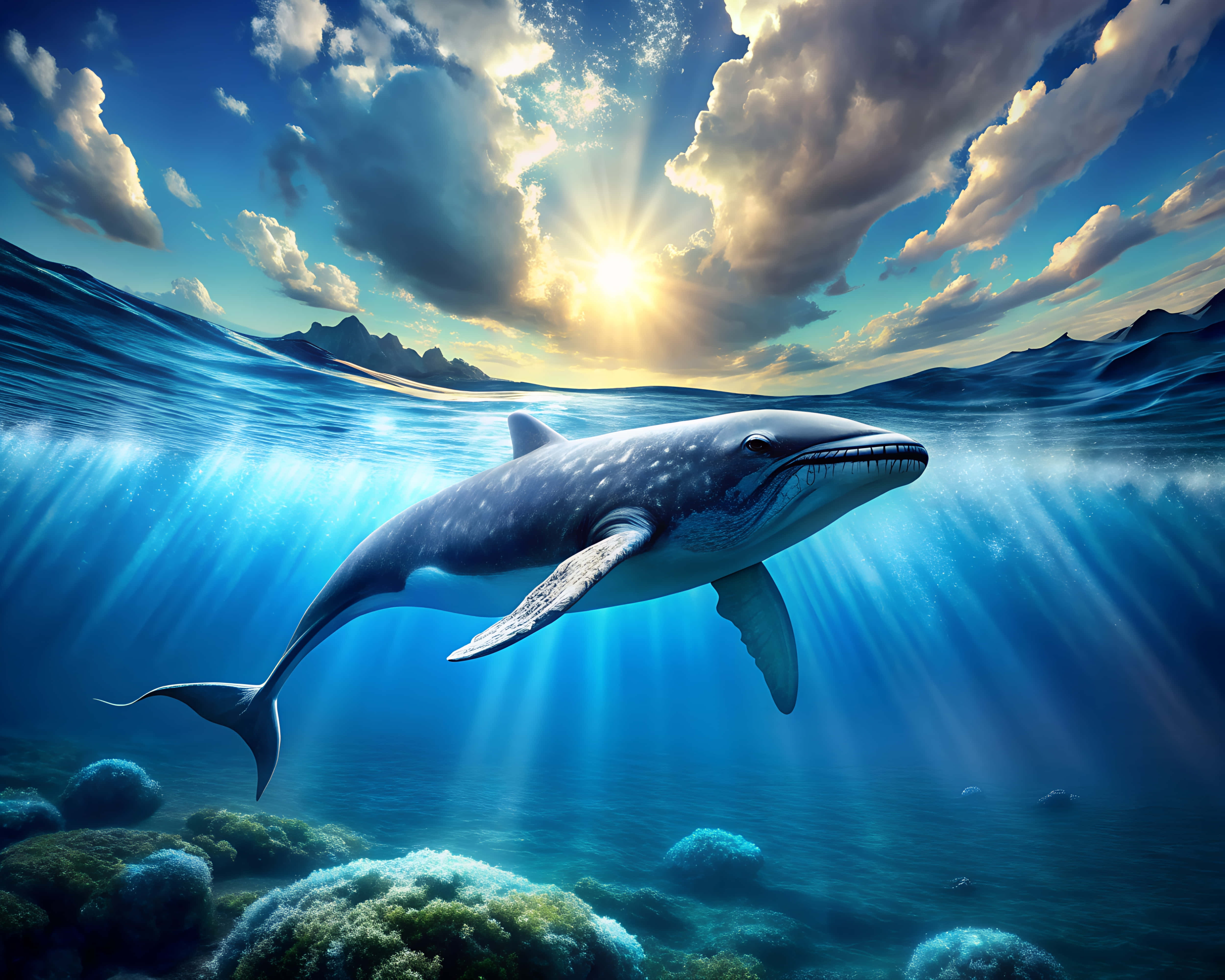 whale, ocean floor, sunlit ocean waters, 4K Desktop Wallpaper