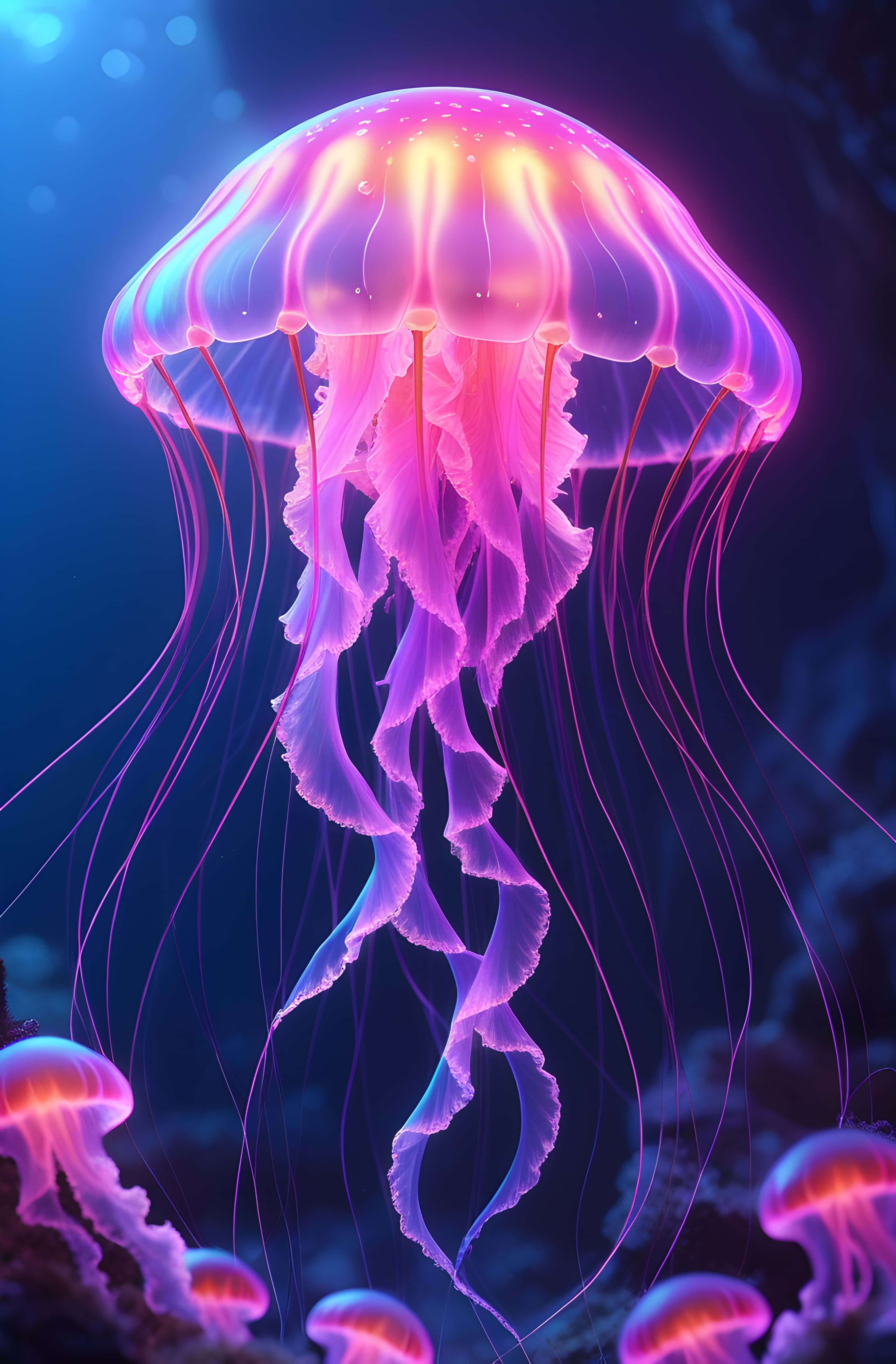 radiant deep sea jellyfish, glowing pink and purple jellyfish, translucent bell, 4K Phone Wallpaper