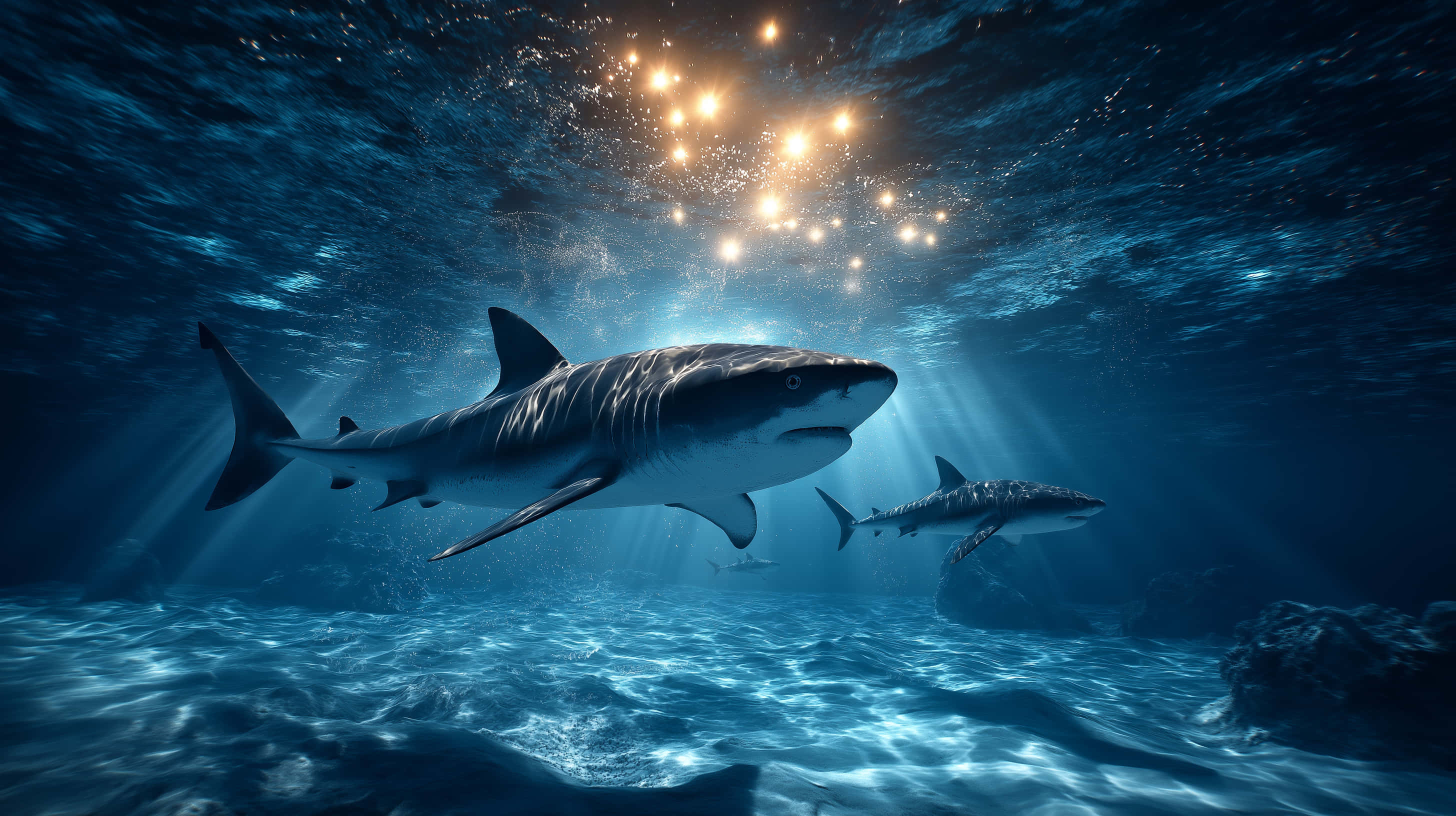 sharks, deep blue ocean waters, golden sunlight, 2K Desktop Wallpaper