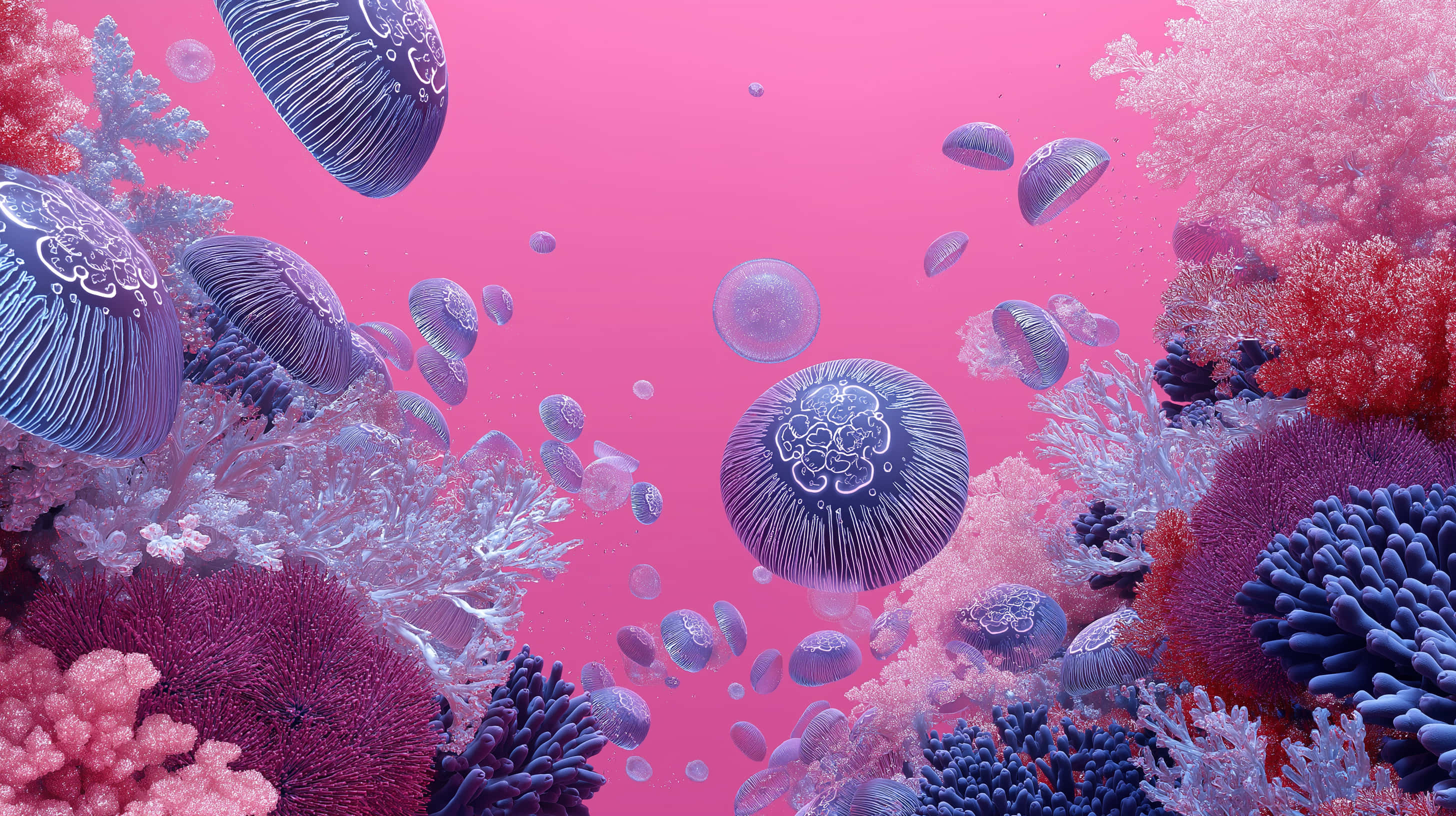 jellyfish, coral, vibrant pink underwater world, 2K Desktop Wallpaper