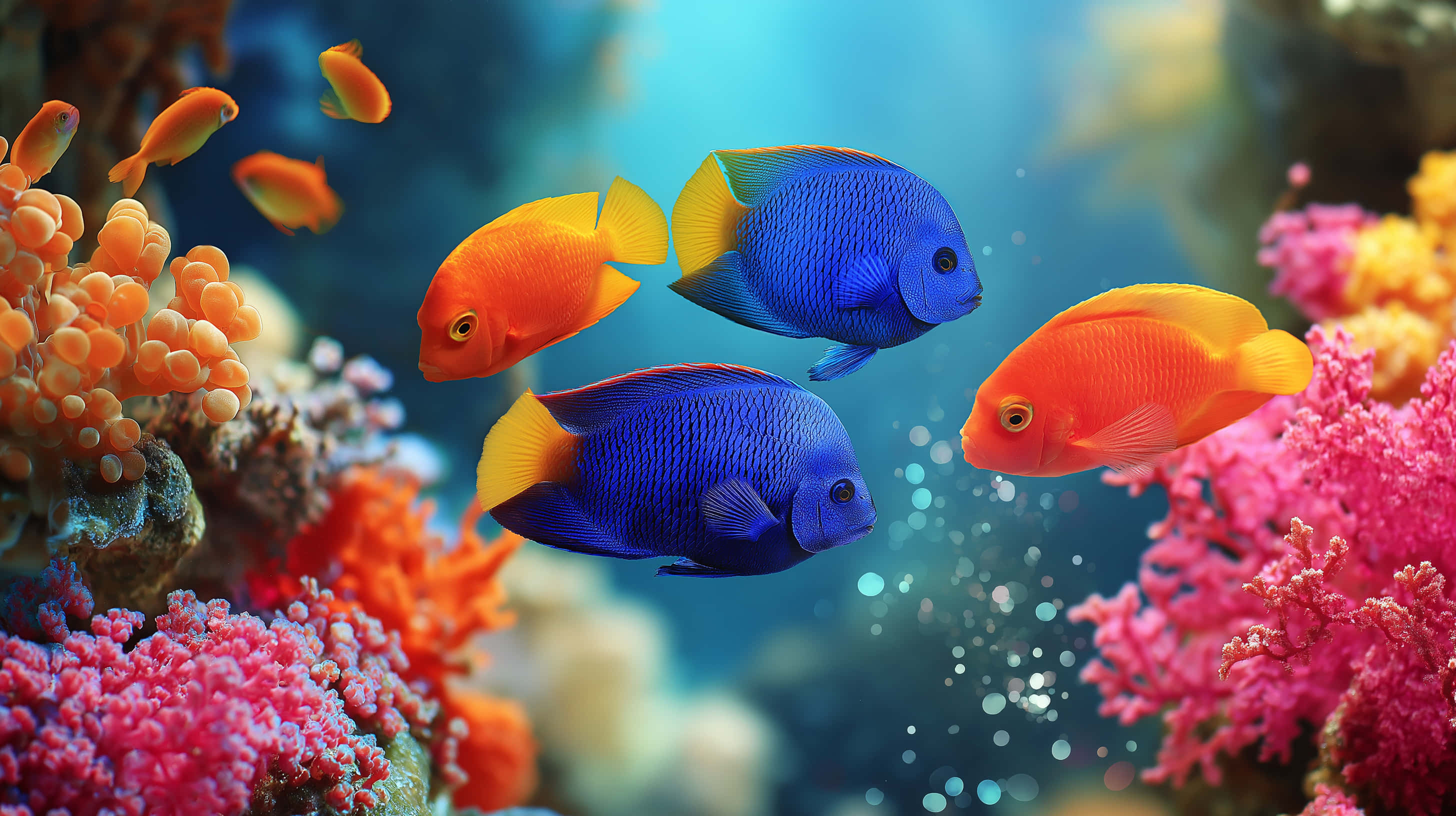 vibrant orange and blue fish, vivid pink and orange coral formations, sunlit ocean waters, 2K Desktop Wallpaper