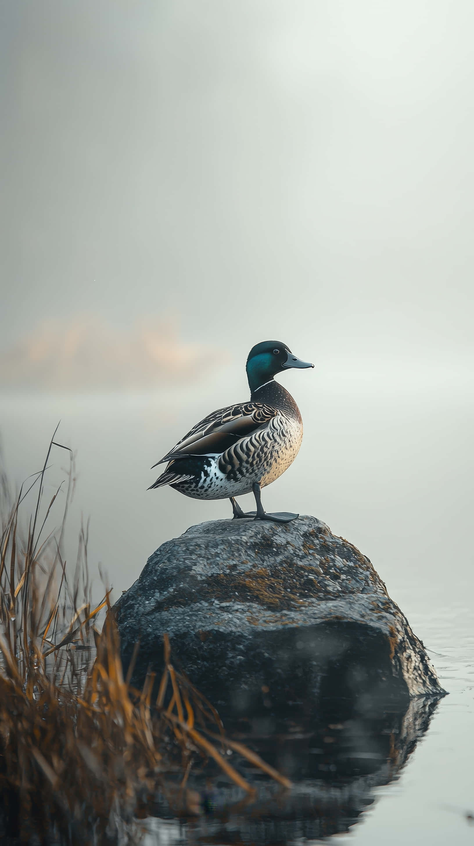 teal duck, mossy rock, misty water, 2K Phone Wallpaper