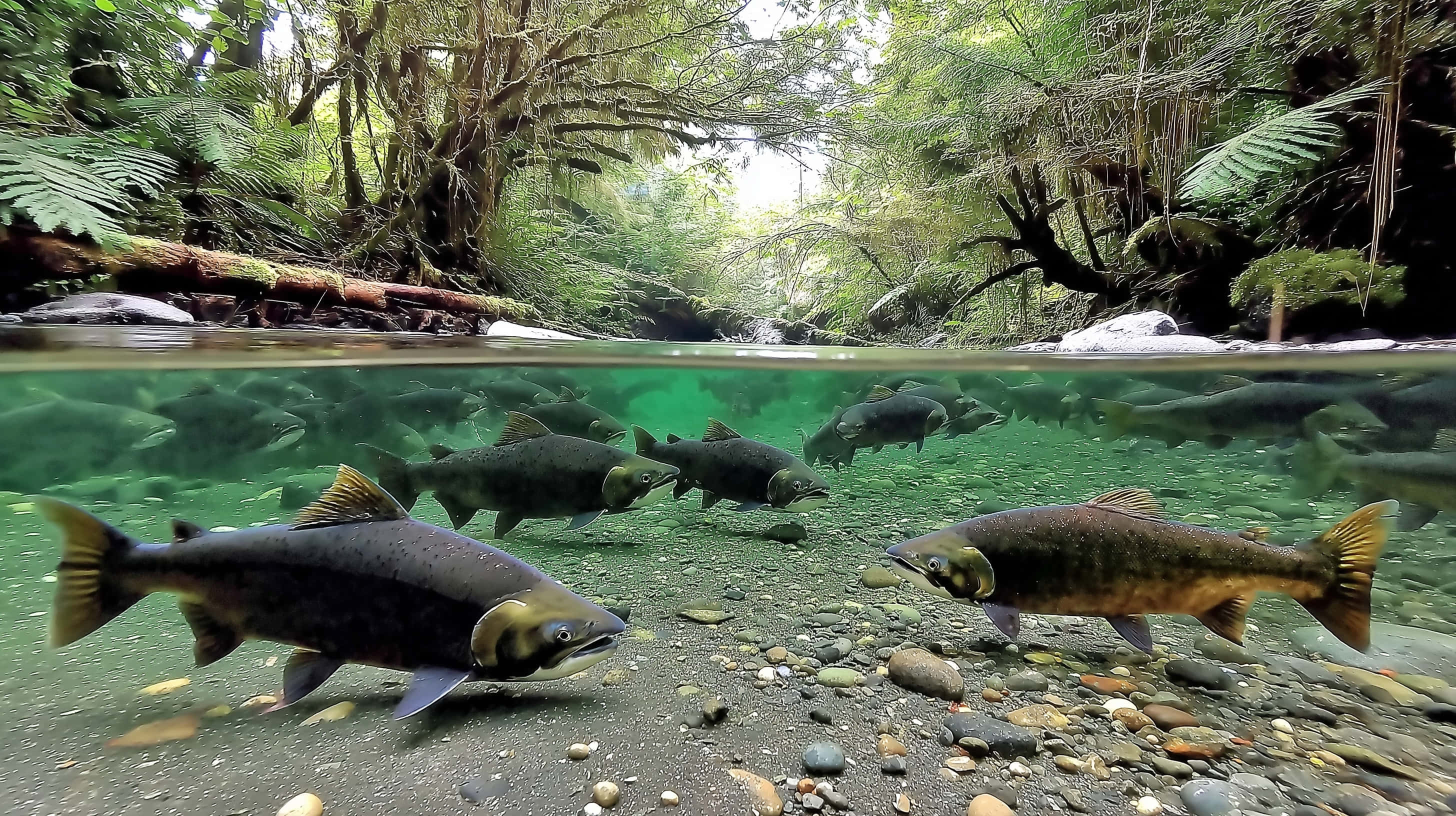 salmon, clear water, rocky riverbed, 2K Desktop Wallpaper