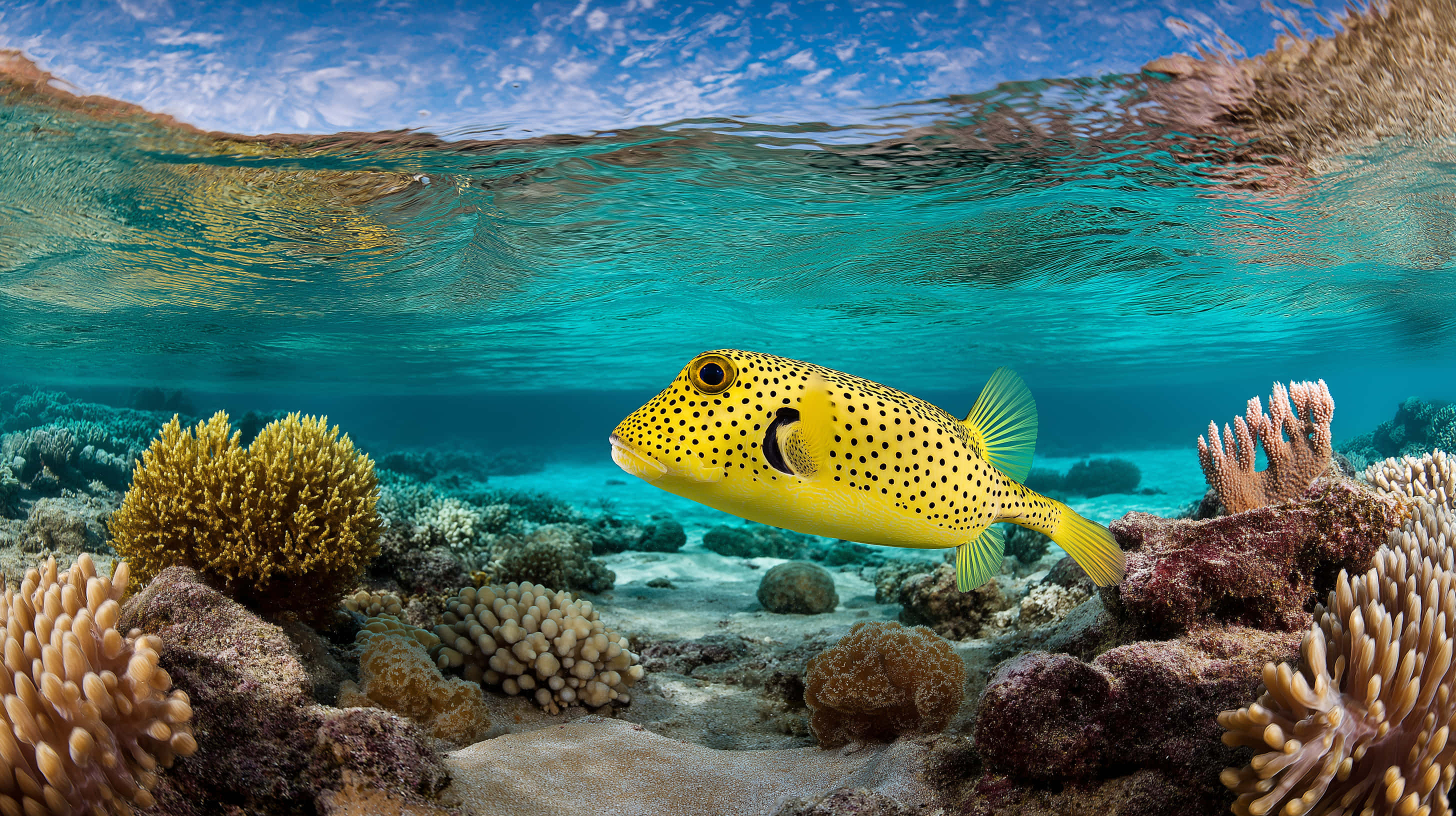 tropical pufferfish, coral reef, clear ocean, 2K Desktop Wallpaper