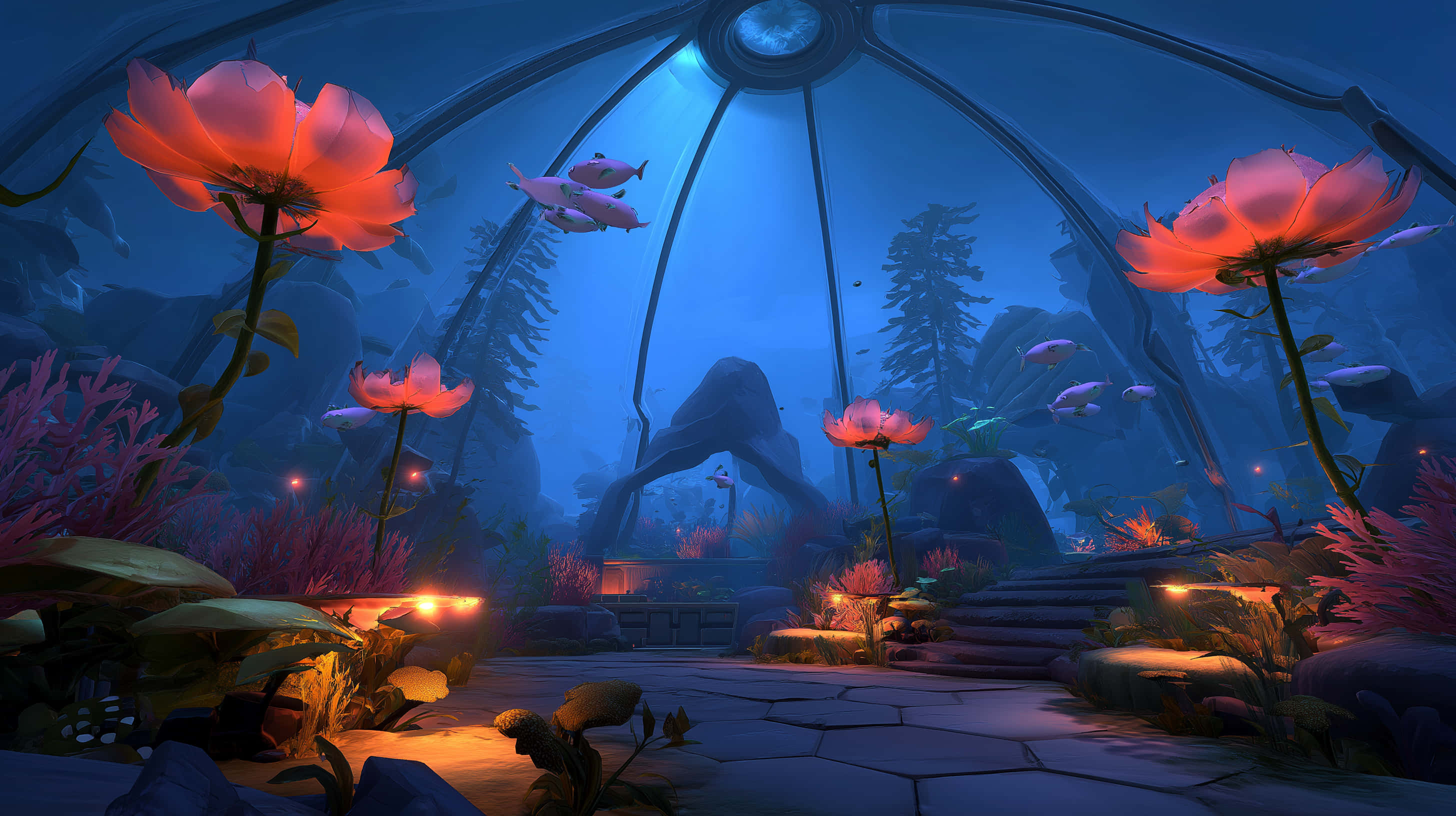 submerged serenity, bioluminescent flowers, aquascape, 2K Desktop Wallpaper