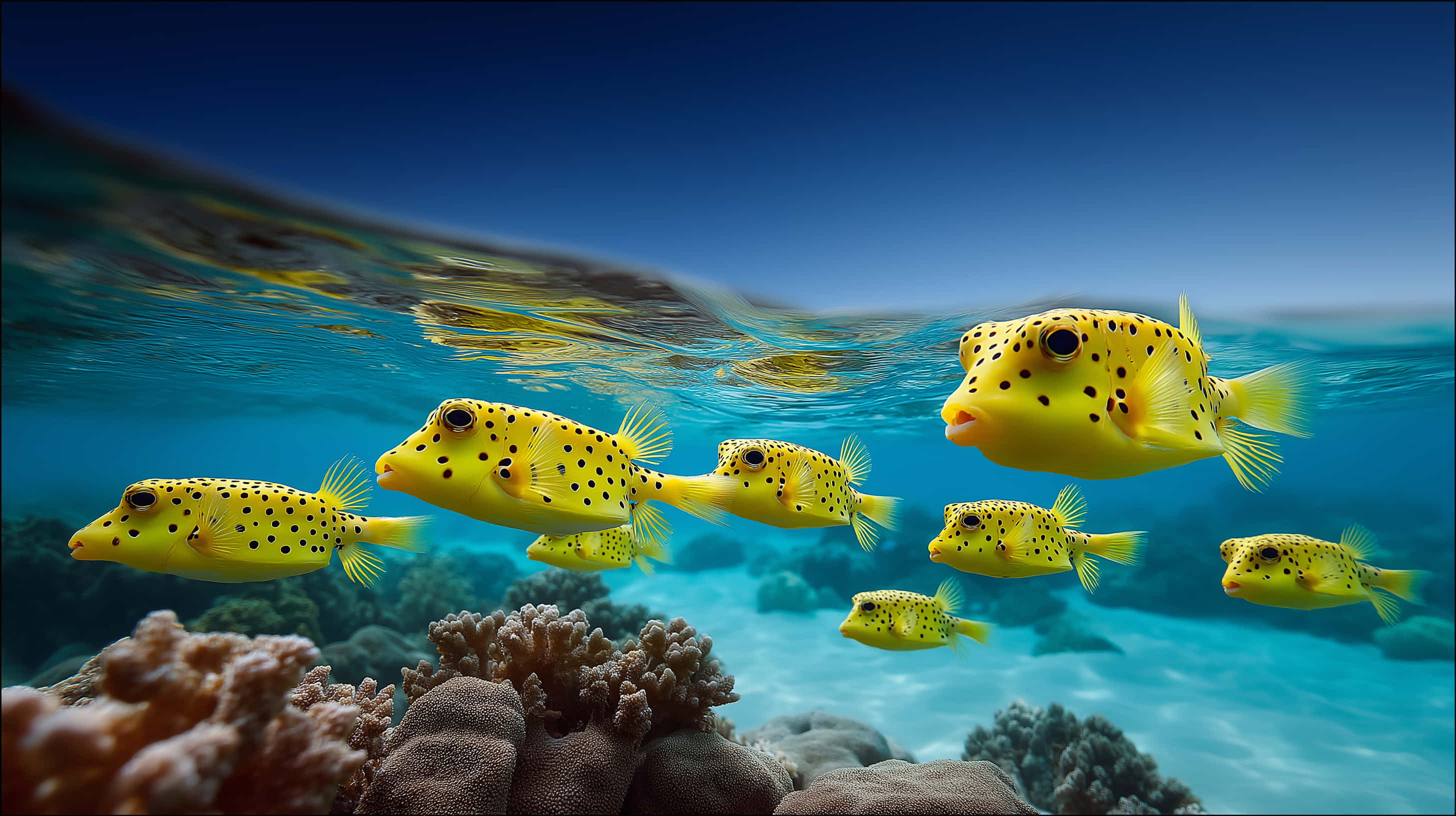 spotted pufferfish, underwater coral scene, coral reefs, 2K Desktop Wallpaper