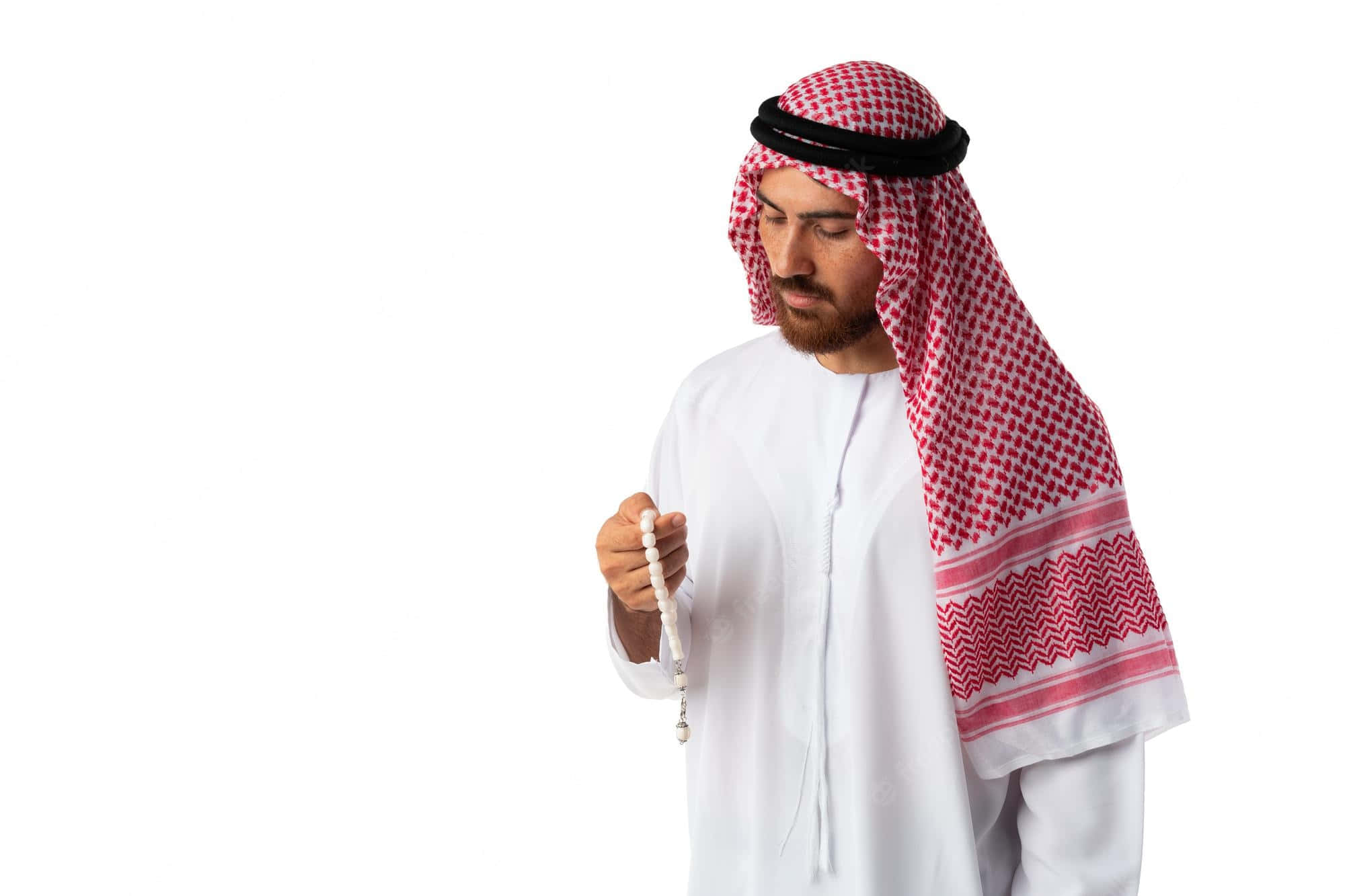 white thobe, red checkered keffiyeh, prayer beads, Full HD Desktop Wallpaper