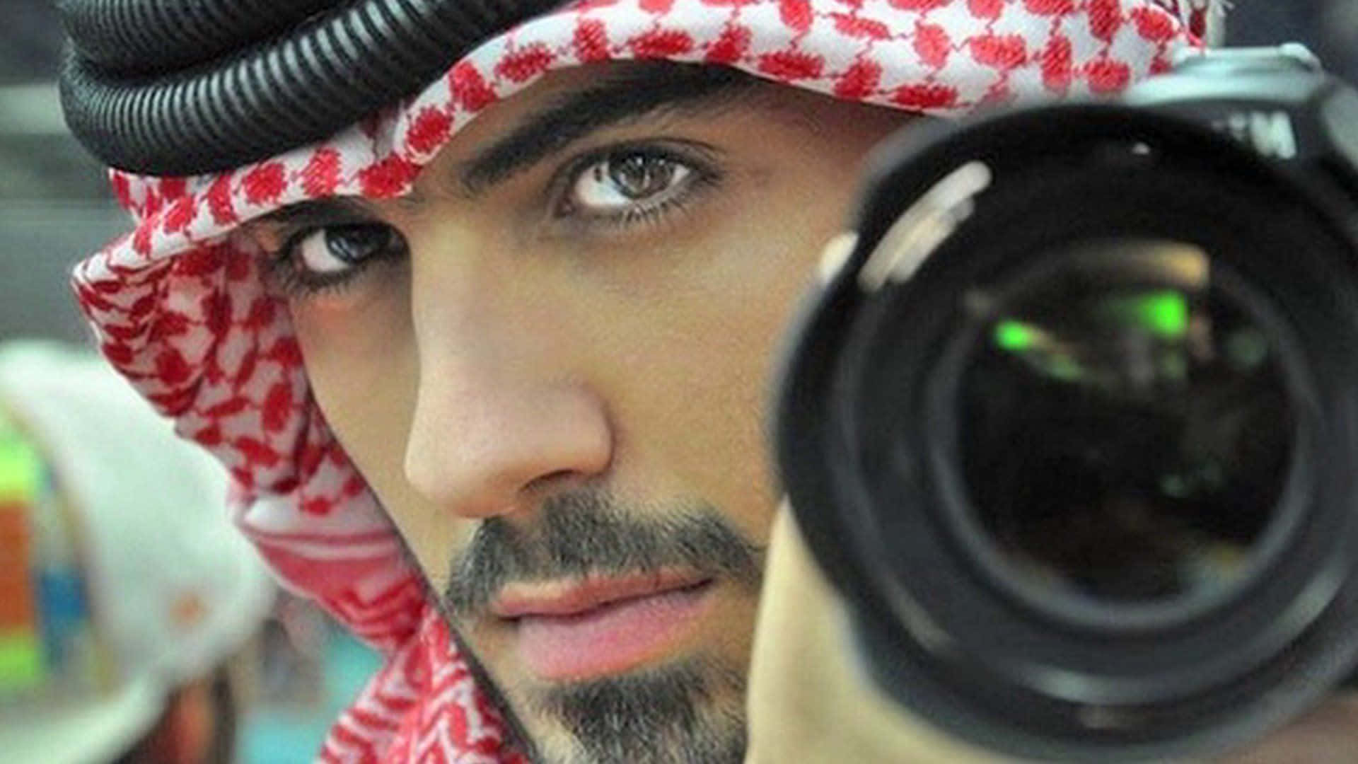 Arab man, red and white checkered keffiyeh, camera lens, Full HD Desktop Wallpaper