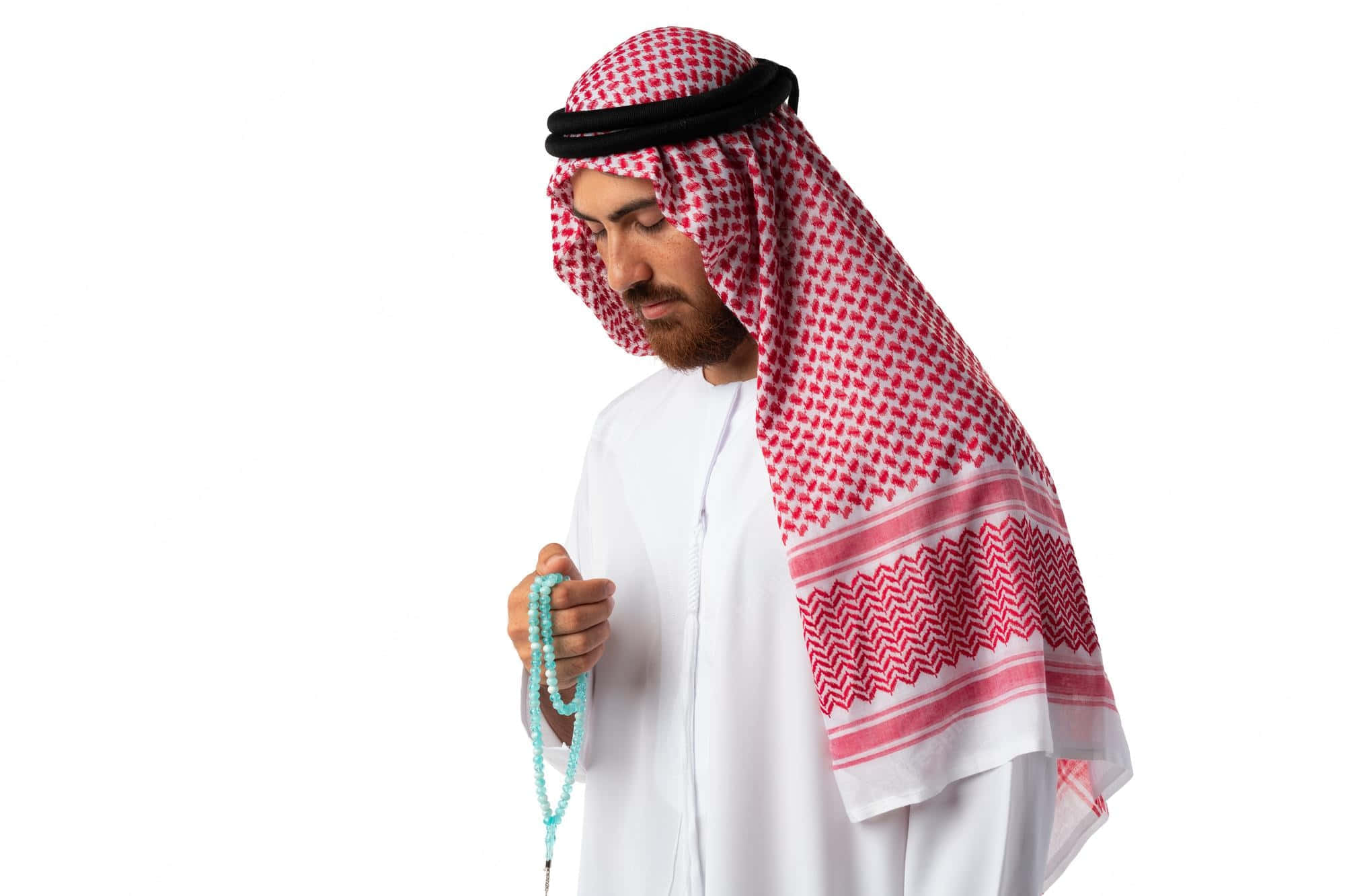 red and white checkered keffiyeh, white thobe, turquoise prayer beads, Full HD Desktop Wallpaper