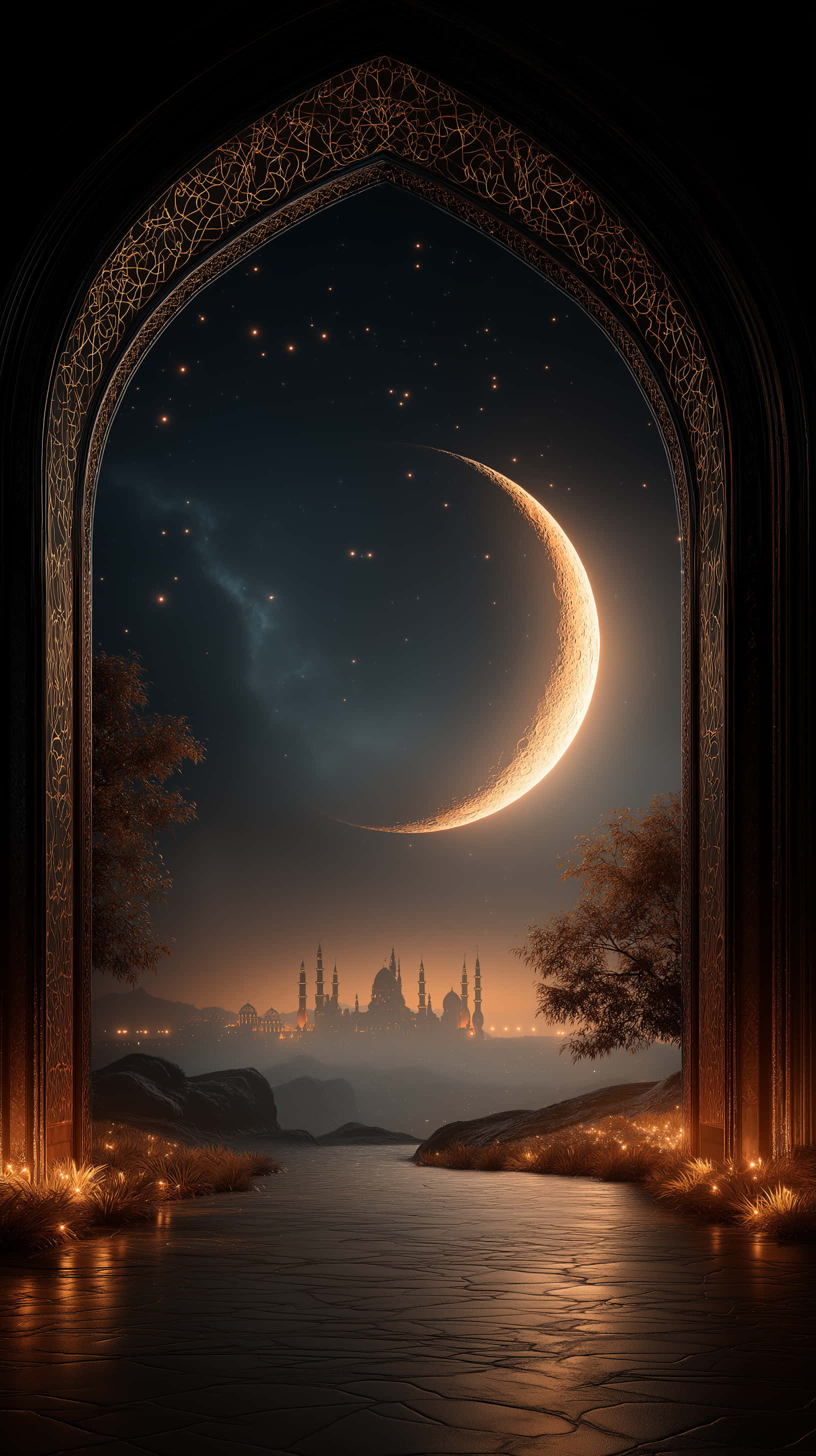glowing crescent moon, distant mosque skyline, ornate arched doorway, 2K Phone Wallpaper