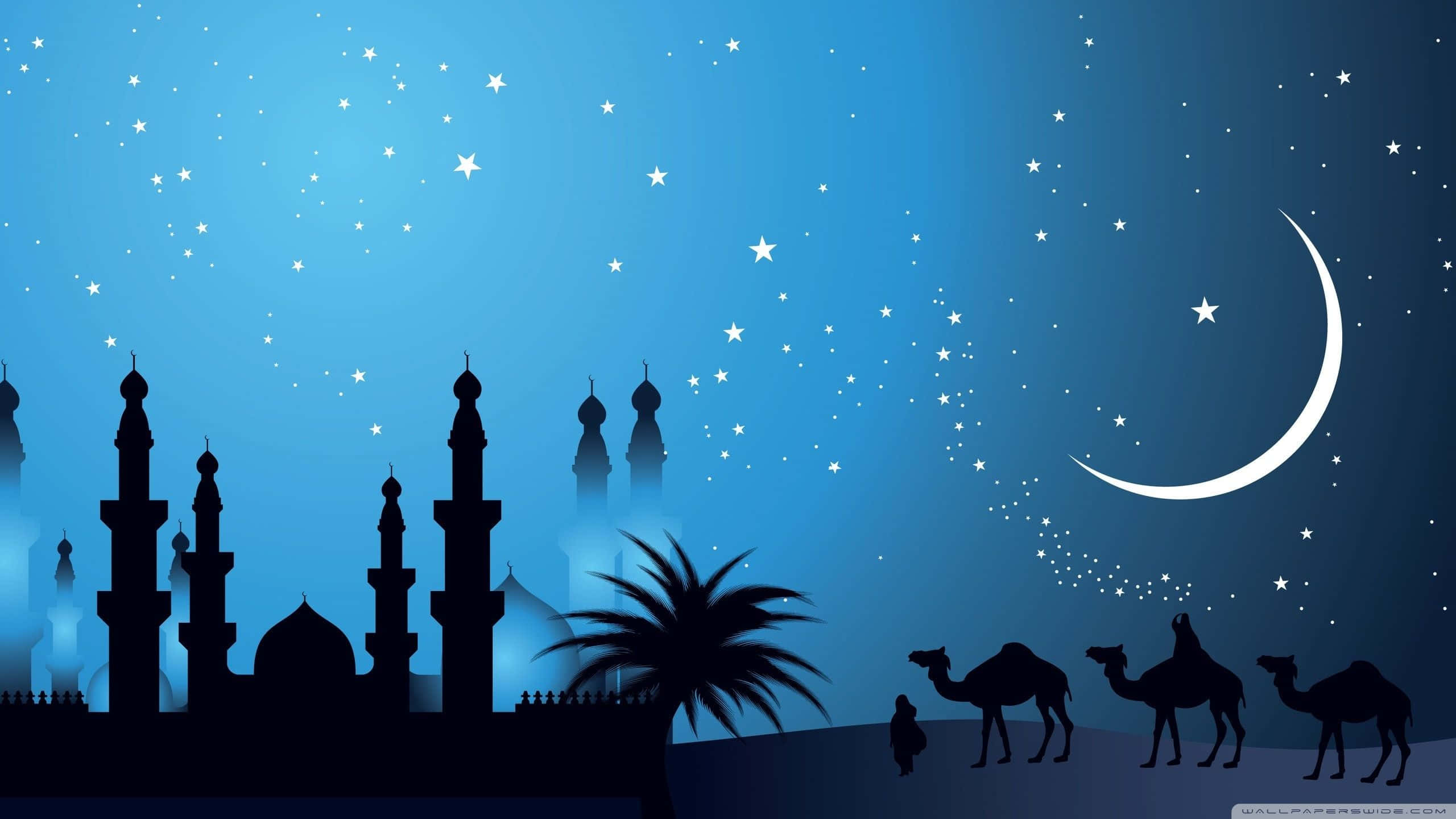 Islamic script, vibrant orange-pink background, silhouetted mosque minarets, 2K Desktop Wallpaper