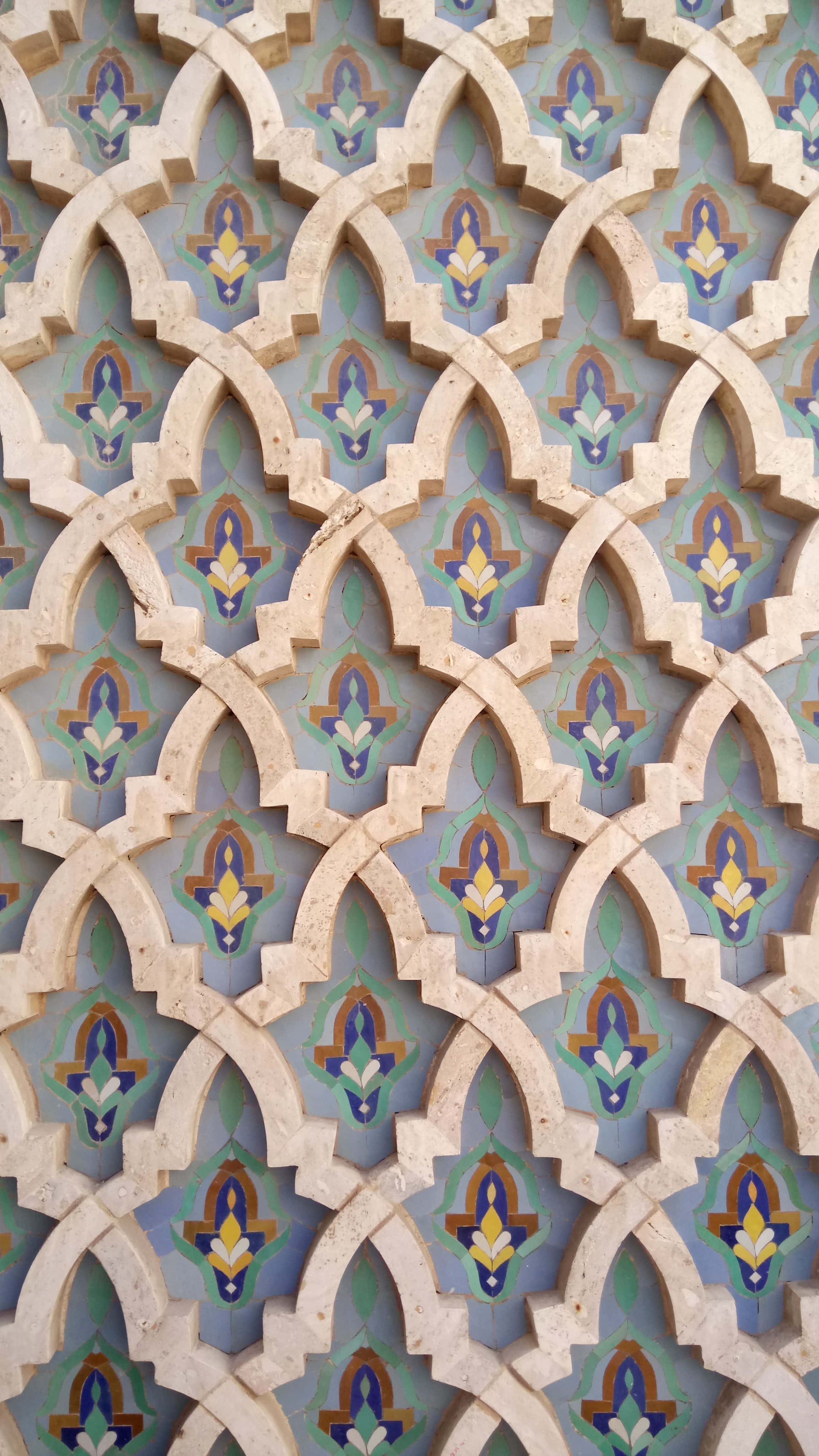 Islamic geometric lattice, repeating arches, colorful floral tile patterns, 4K Phone Wallpaper
