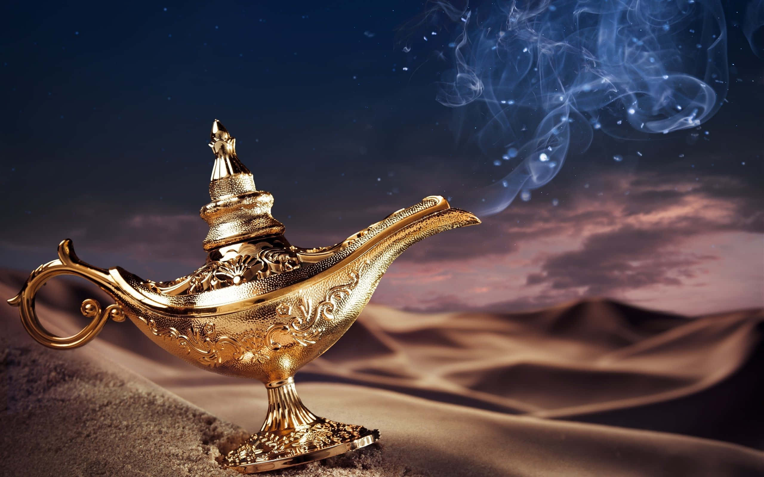 golden genie lamp, desert sand dune, magical blue smoke, 2K Desktop Wallpaper