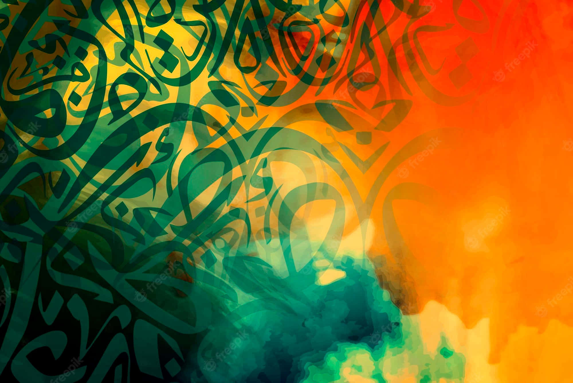 Islamic calligraphy, watercolor, green calligraphic strokes, Full HD Desktop Wallpaper