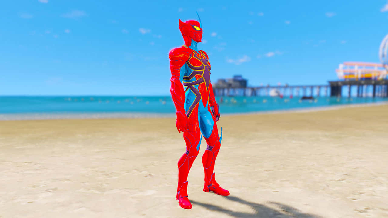 Arachnid, red and blue armored superhero, sunny beach, HD Desktop Wallpaper
