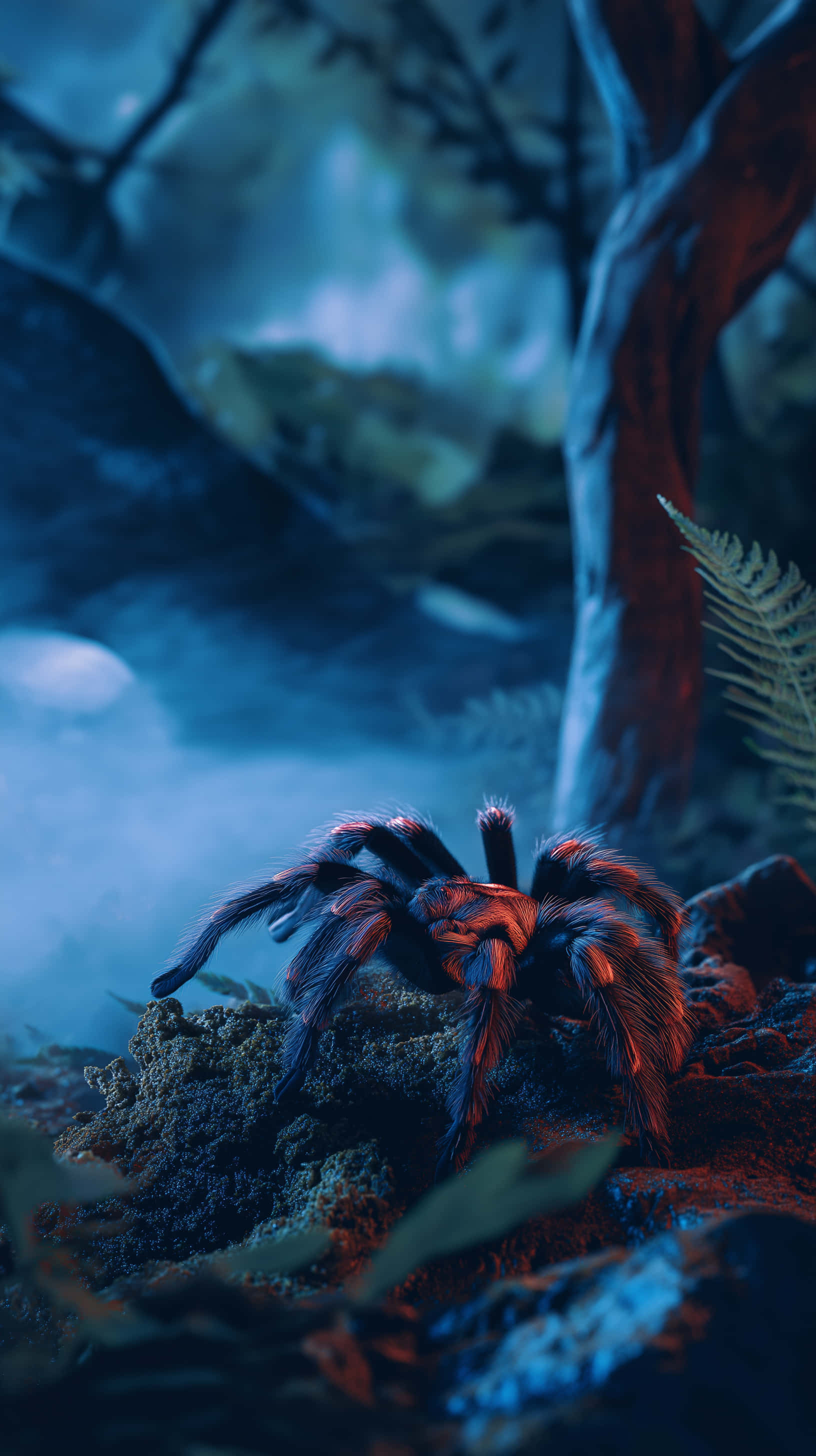 furry tarantula, forest floor, mossy rocks, 2K Phone Wallpaper