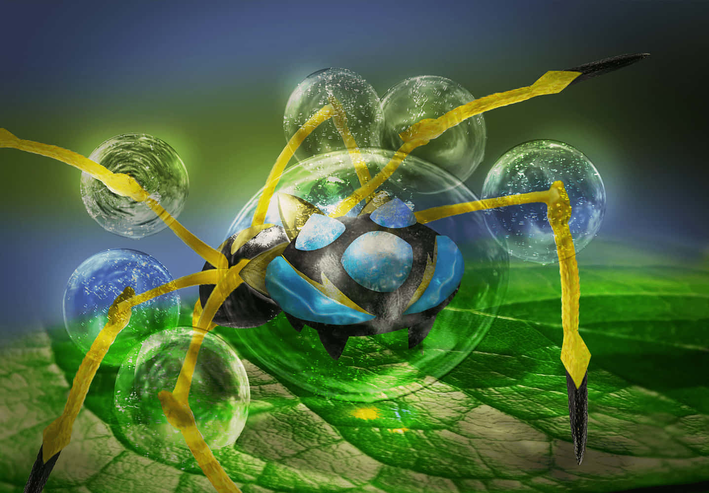 Araquanid, glowing blue and black insect, yellow limbs, HD Desktop Wallpaper