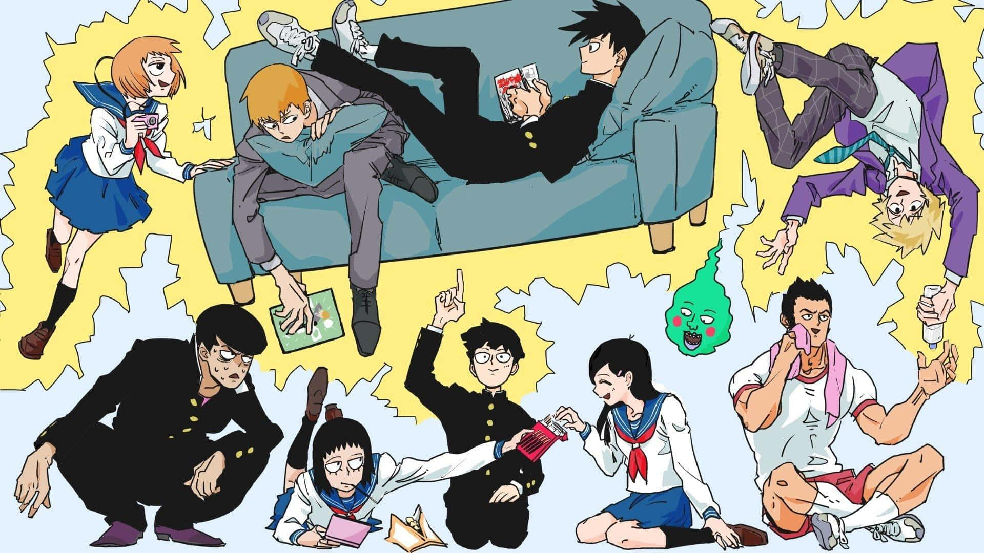 Arataka Reigen, school uniforms, blue couch, Full HD Desktop Wallpaper