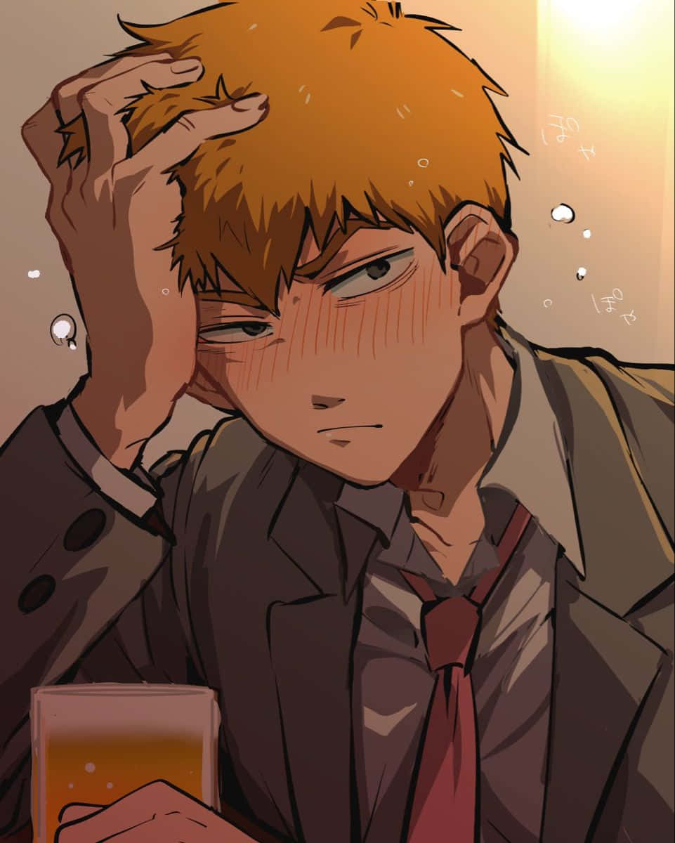 Arataka Reigen, spiky orange hair, beer glass, SD Phone Wallpaper