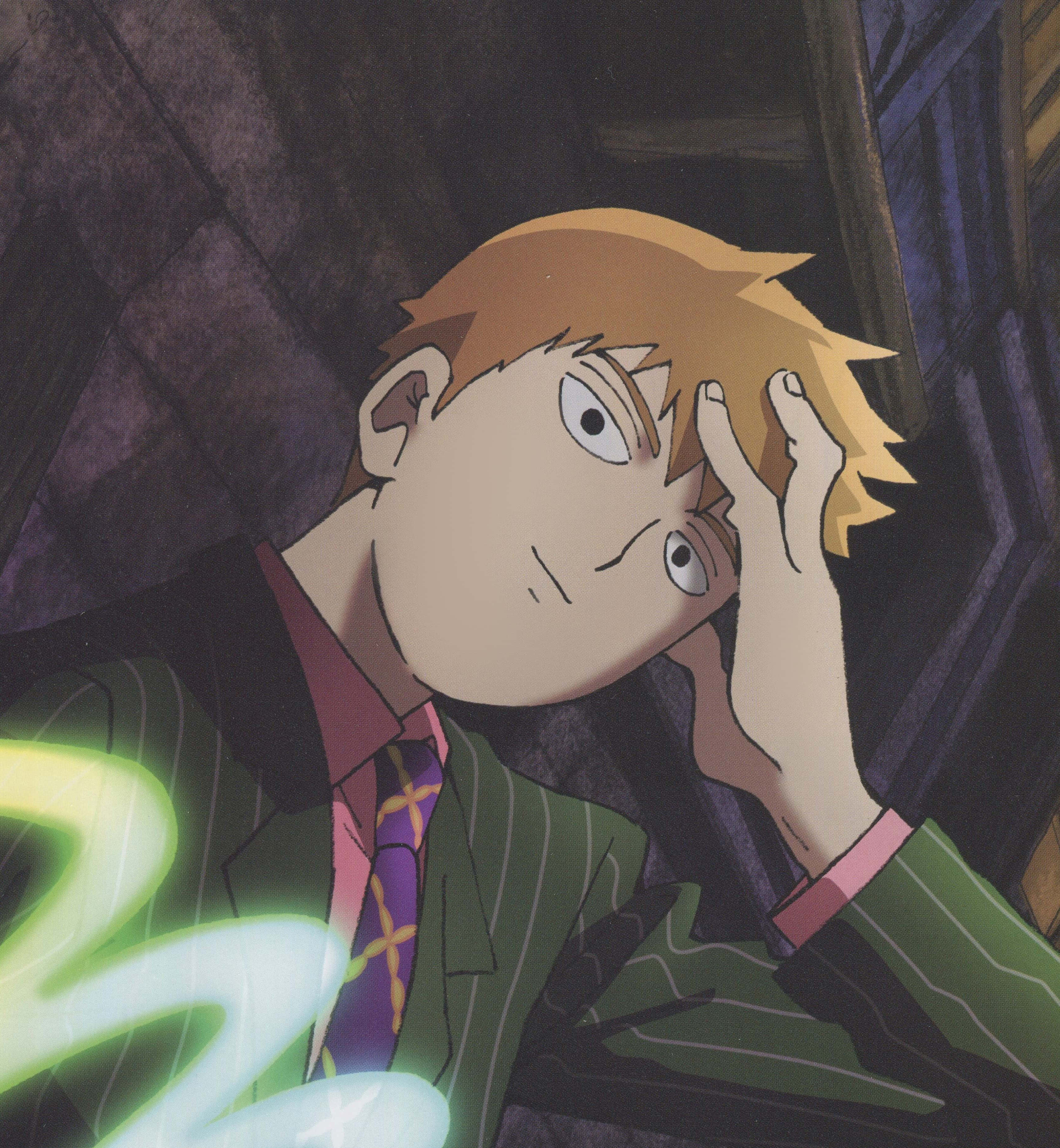 Arataka Reigen, green suit, blond hair, 2K Phone Wallpaper