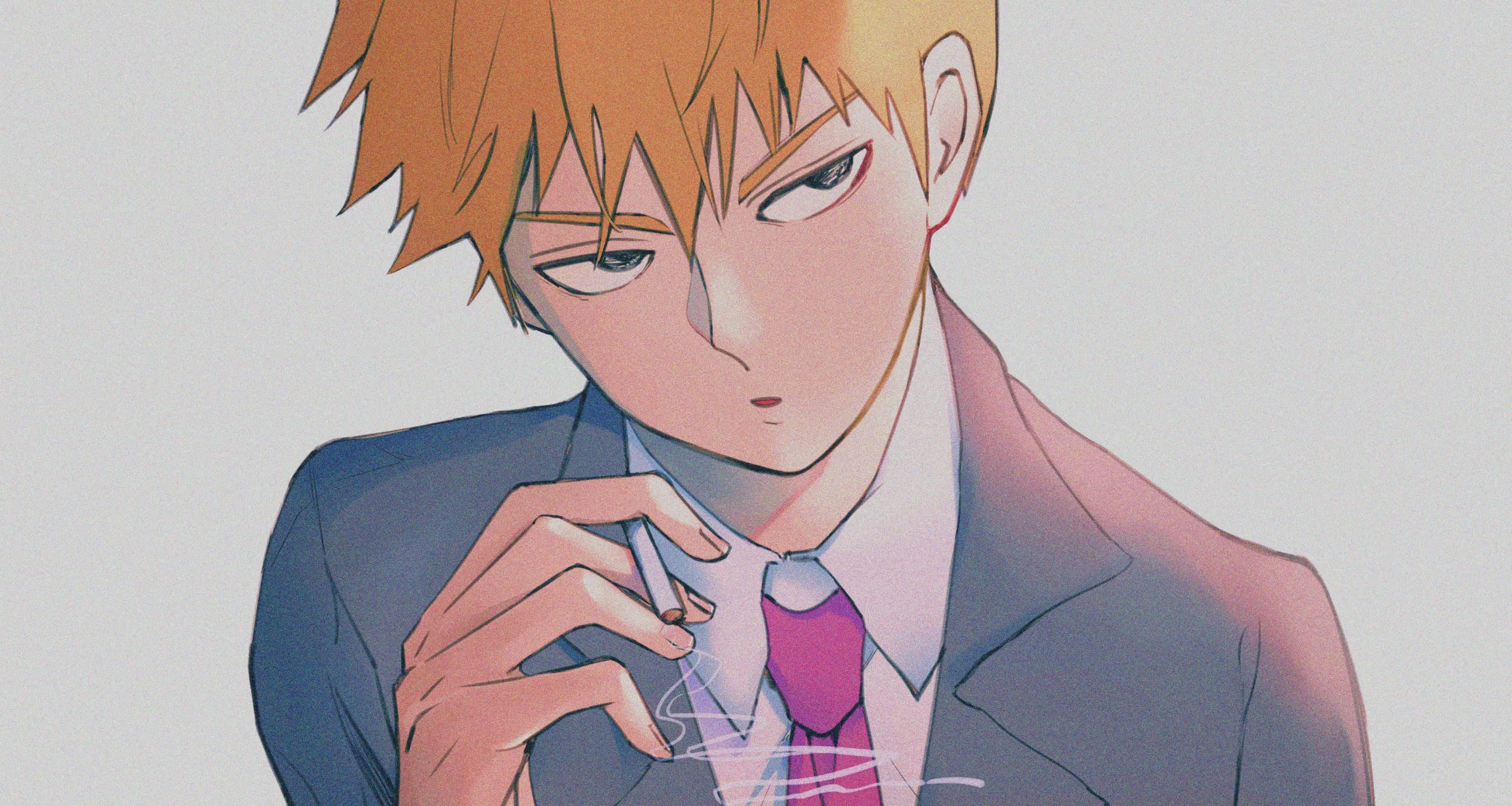 Arataka Reigen, spiky orange hair, sharp suit, 2K Desktop Wallpaper