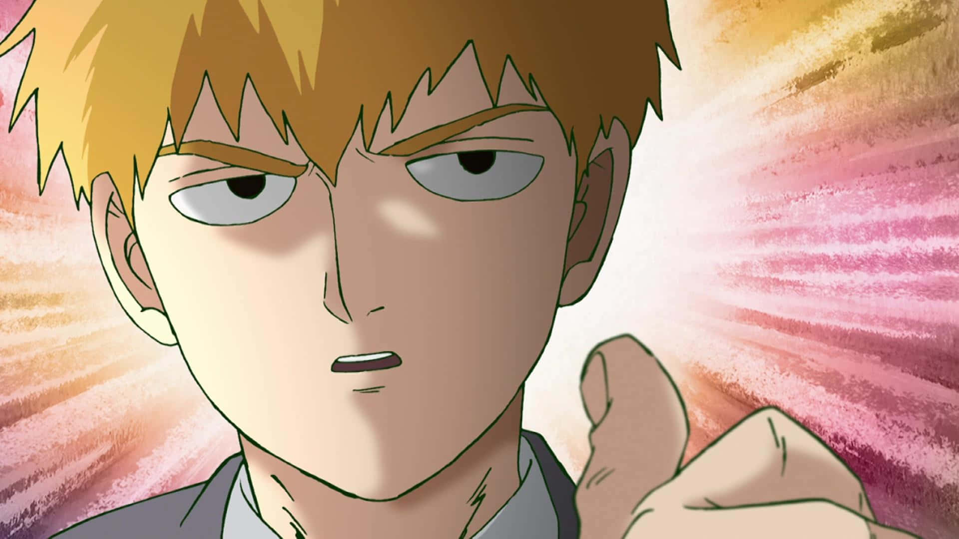 Arataka Reigen, spiky blonde hair, radiant pink and orange background, Full HD Desktop Wallpaper