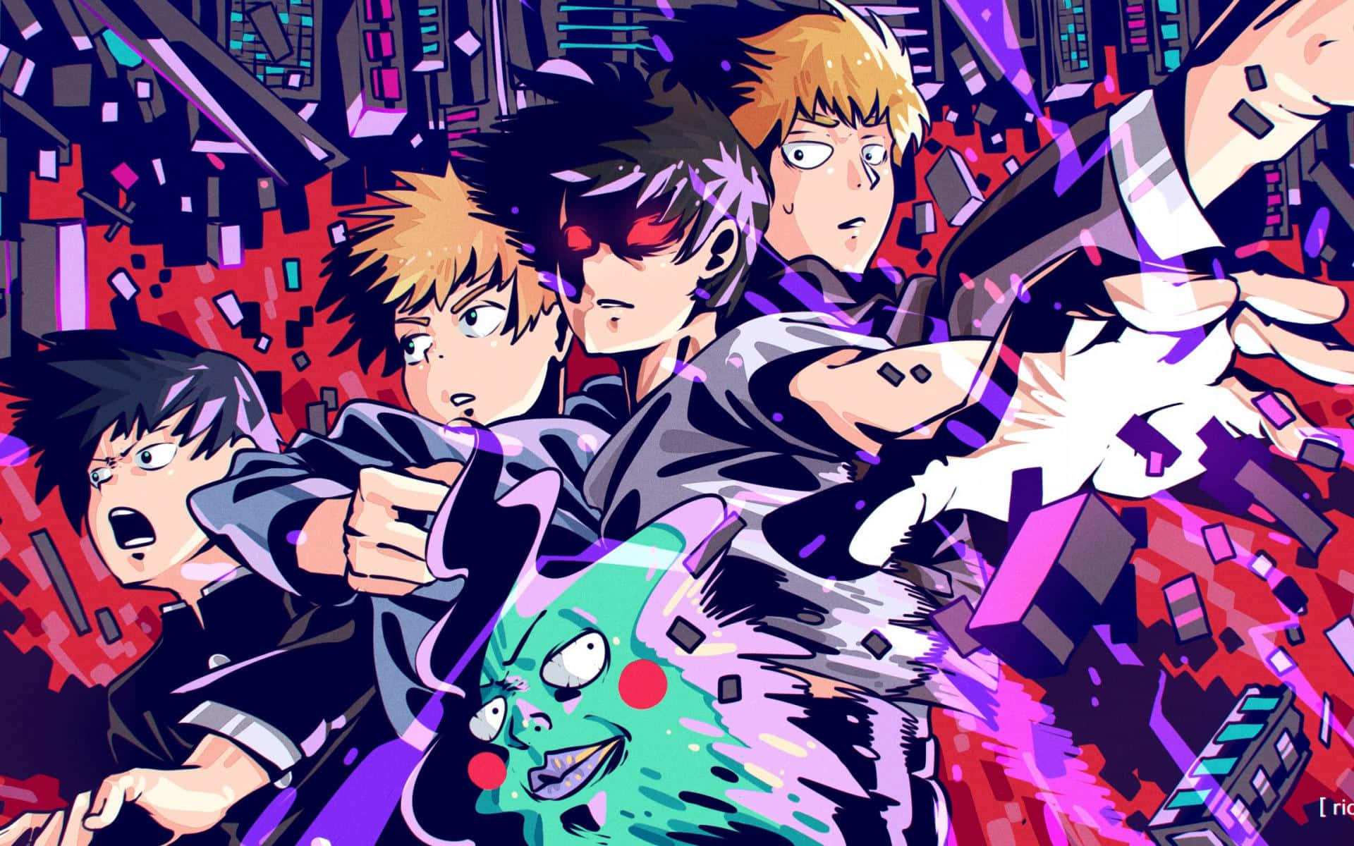 Arataka Reigen, vibrant purple red, teal energy bursts, Full HD Desktop Wallpaper