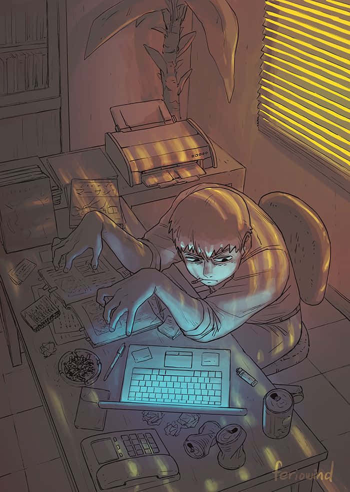 Arataka Reigen, laptop, cluttered desk, SD Phone Wallpaper