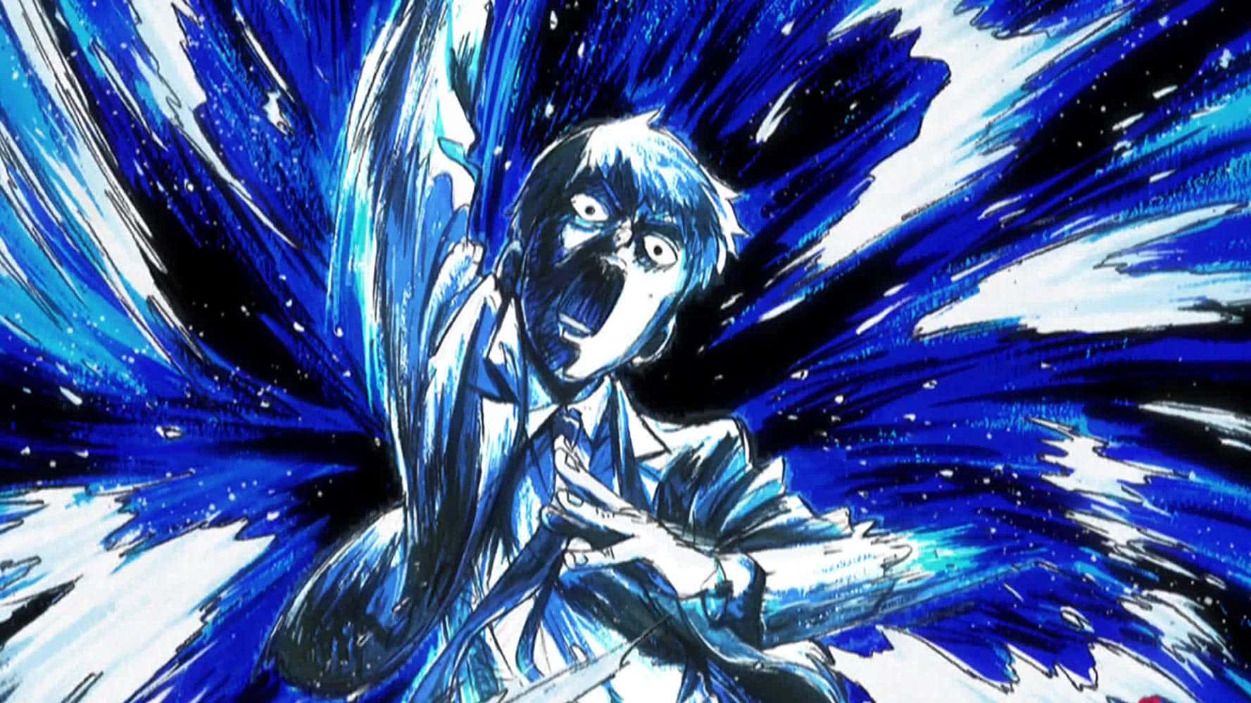 Arataka Reigen, blue-haired anime character, blue and white explosive brushstrokes, HD Desktop Wallpaper