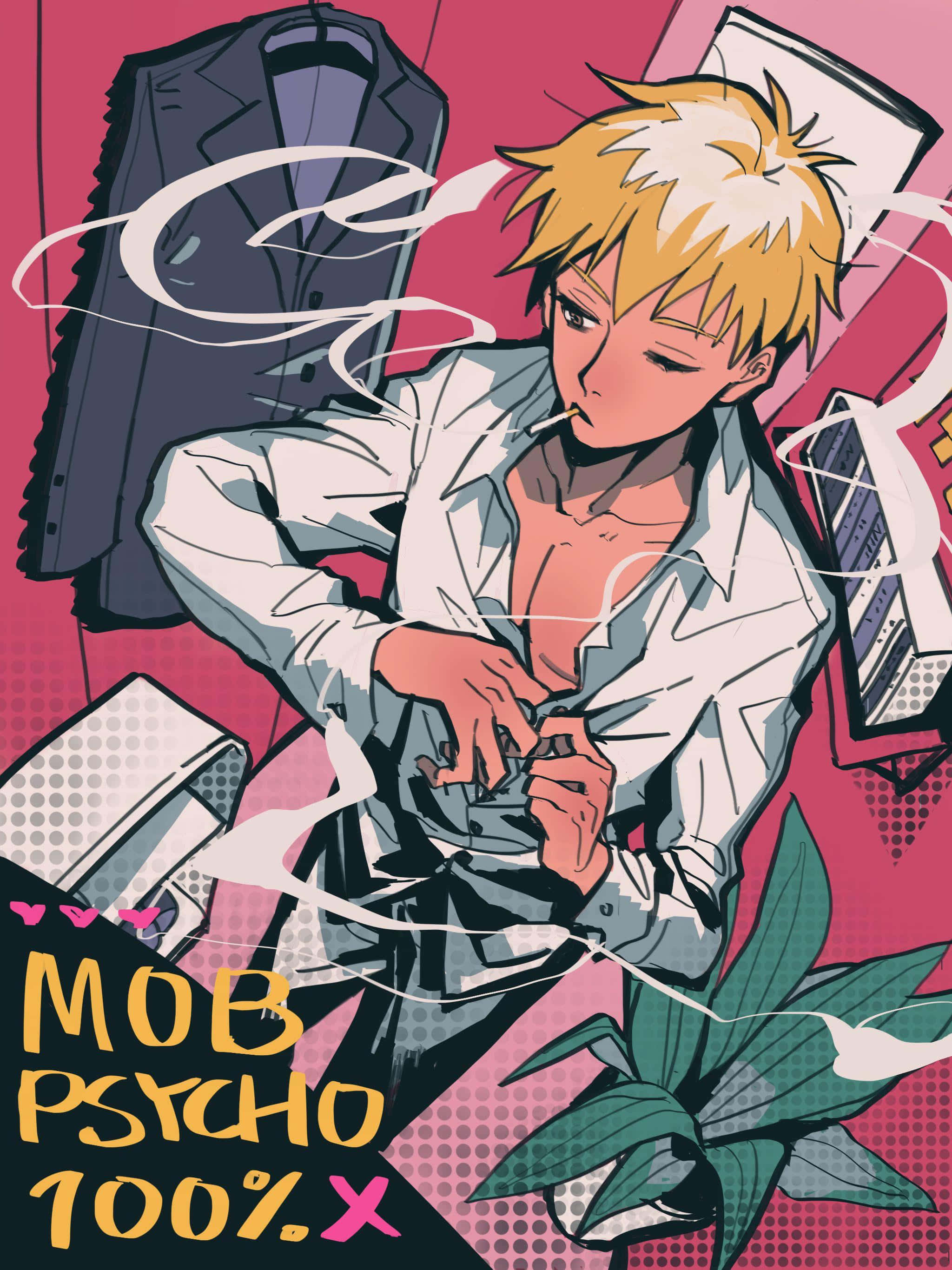 Arataka Reigen, pink background, floating suit, 2K Phone Wallpaper